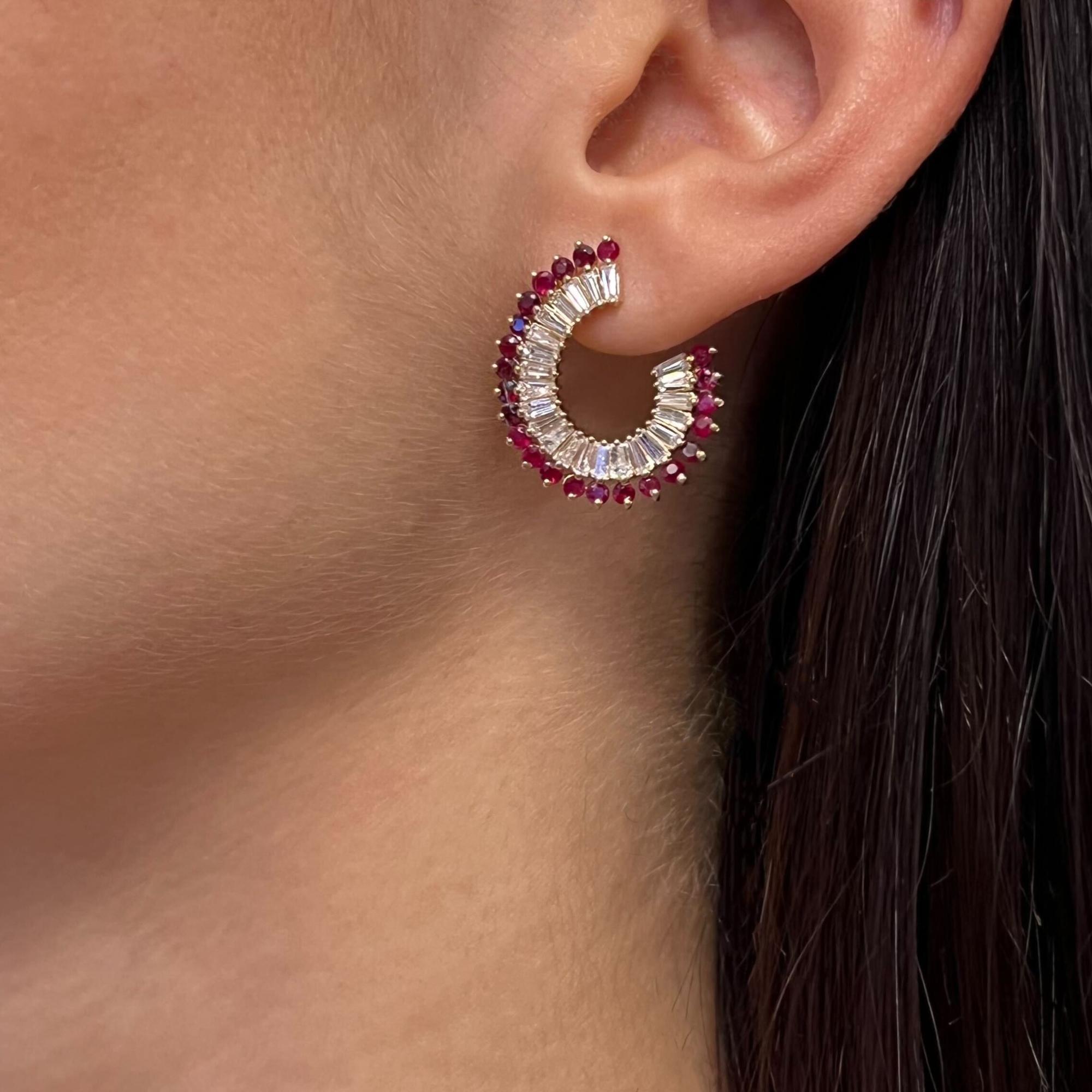 Rachel Koen Red Ruby & Diamond Hoop Earrings 14K Yellow Gold In New Condition For Sale In New York, NY