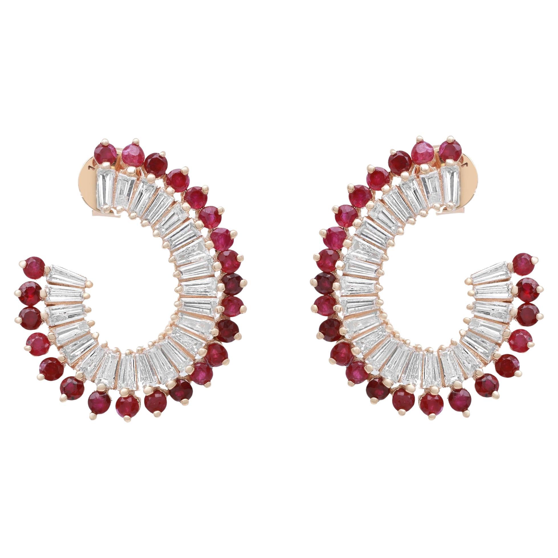 Rachel Koen Red Ruby & Diamond Hoop Earrings 14K Yellow Gold For Sale