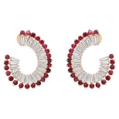 Rachel Koen Red Ruby & Diamond Hoop Earrings 14K Yellow Gold