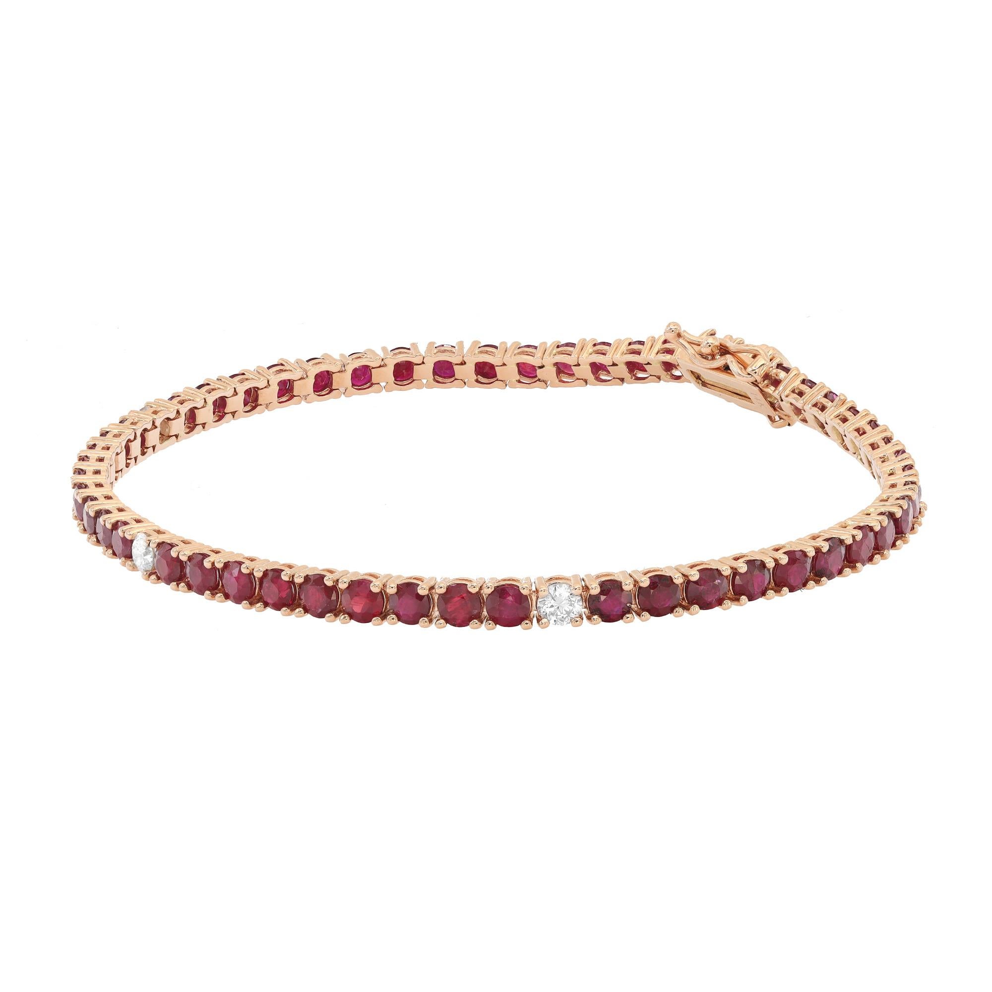 This beautifully crafted tennis bracelet features round cut Rubies and diamonds encrusted in four prong setting. Crafted in 14k yellow gold. Total diamond weight: 0.31 carat. Diamond Quality: G-H color and VS-SI clarity. Total ruby weight: 6.75