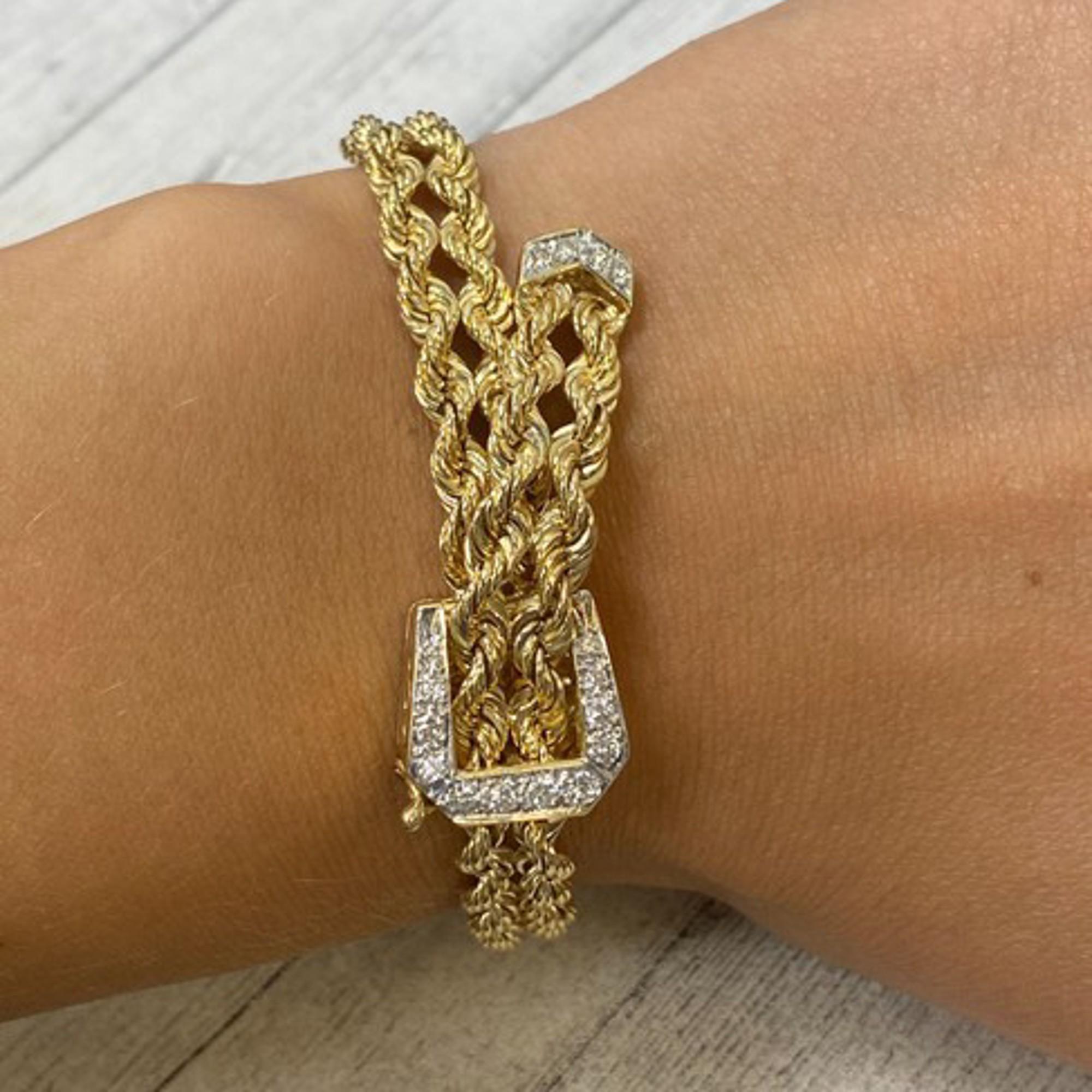 Women's or Men's Rachel Koen Retro Woven Mesh Braided Diamond Buckle Bracelet 14K Yellow Gold For Sale