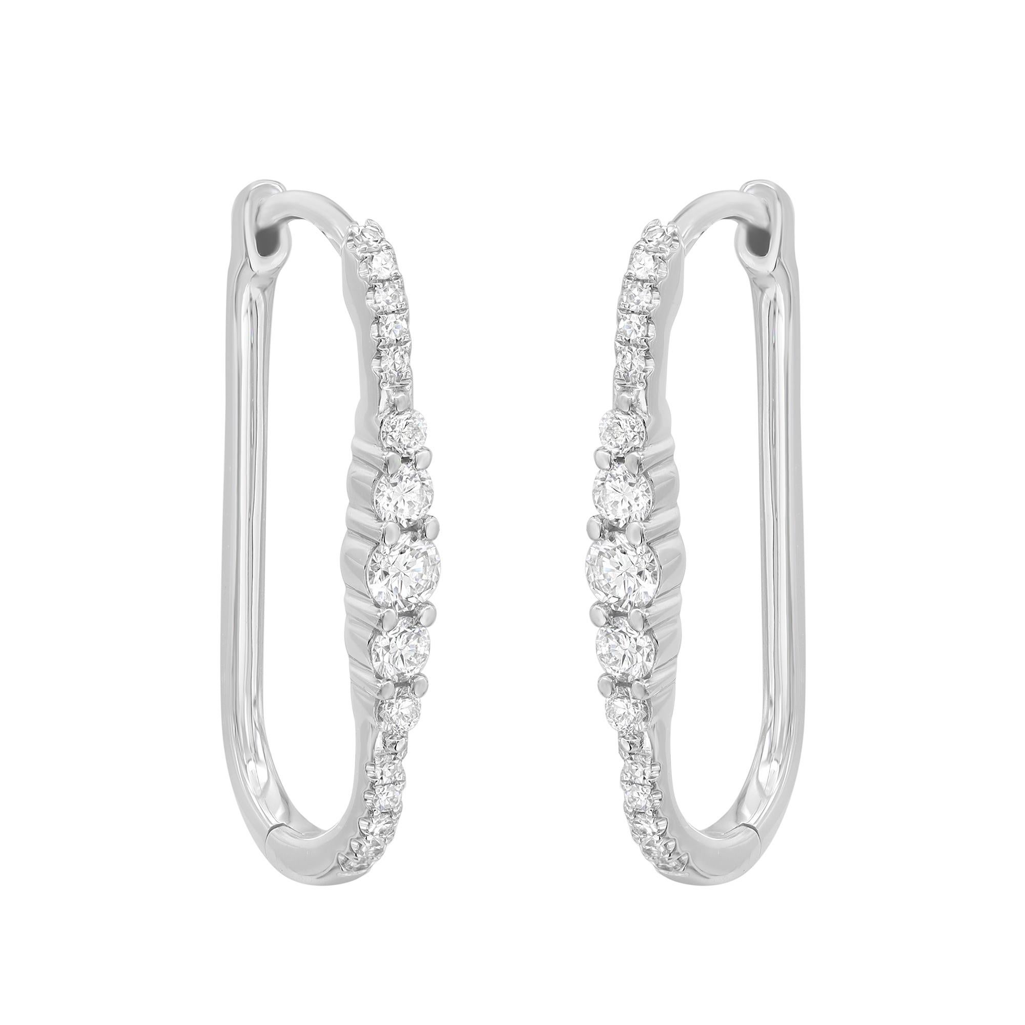 Classic and trendy, these finely crafted oval hoop earrings could never go wrong for your everyday wear. Made in high polished 14K white gold, these earrings feature bright white round cut diamonds weighing 0.29 carat. Diamond color G-H and clarity