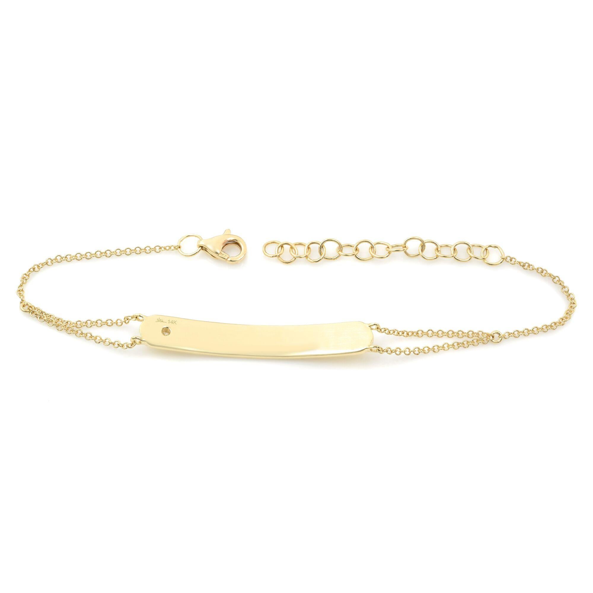 Stunning diamond plate bracelet, crafted in 14k yellow gold. This bracelet features a round cut diamond weighing 0.02ct. Diamond quality: color G-H and SI1 clarity. Bracelet Length: 7.0 inches (adjustable), width: 0.20inch. Weight: 3.3 grams. Comes