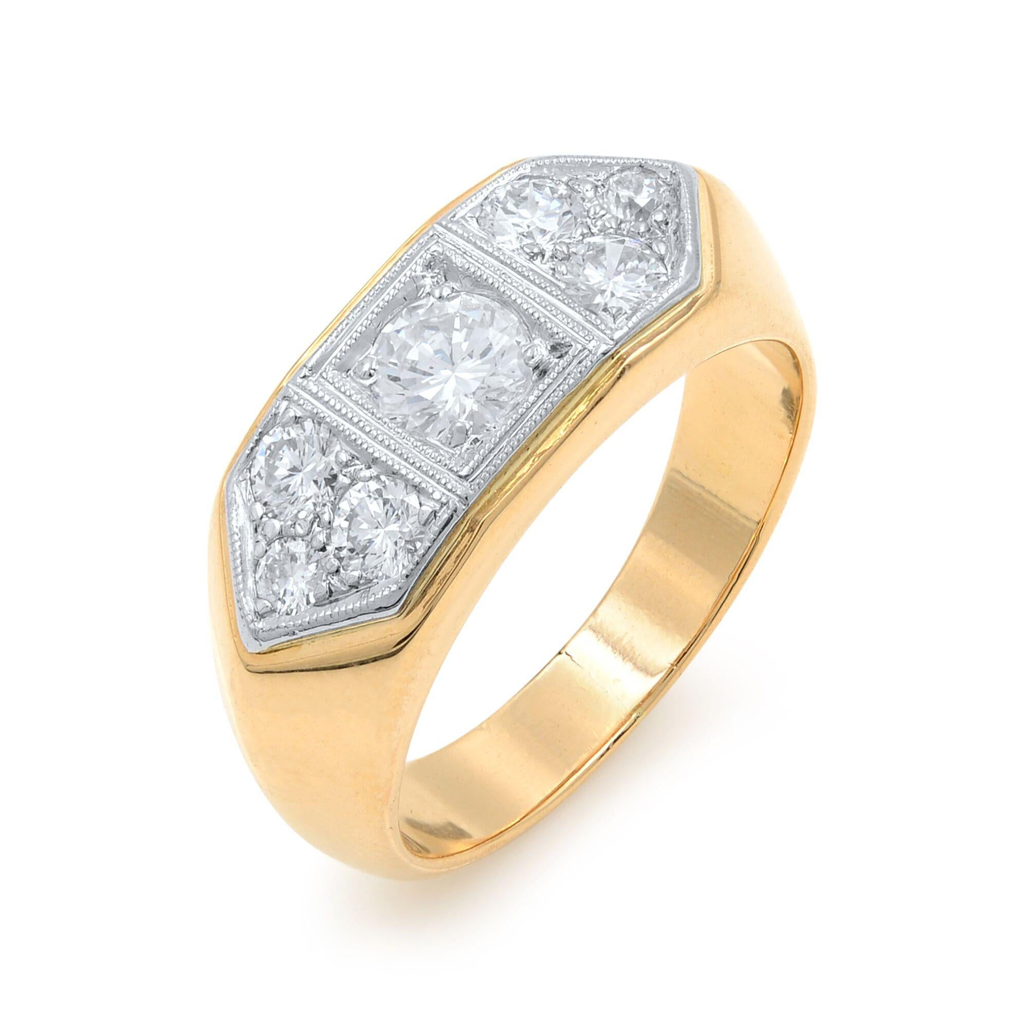 This is an elegant 18k rose gold men's diamond ring. The ring is centered with sparkling round cut diamonds set in white gold that weighs approximately 1.35cts. The center stone of the ring is 0.75ct and the side stones are 0.60 cts. The total