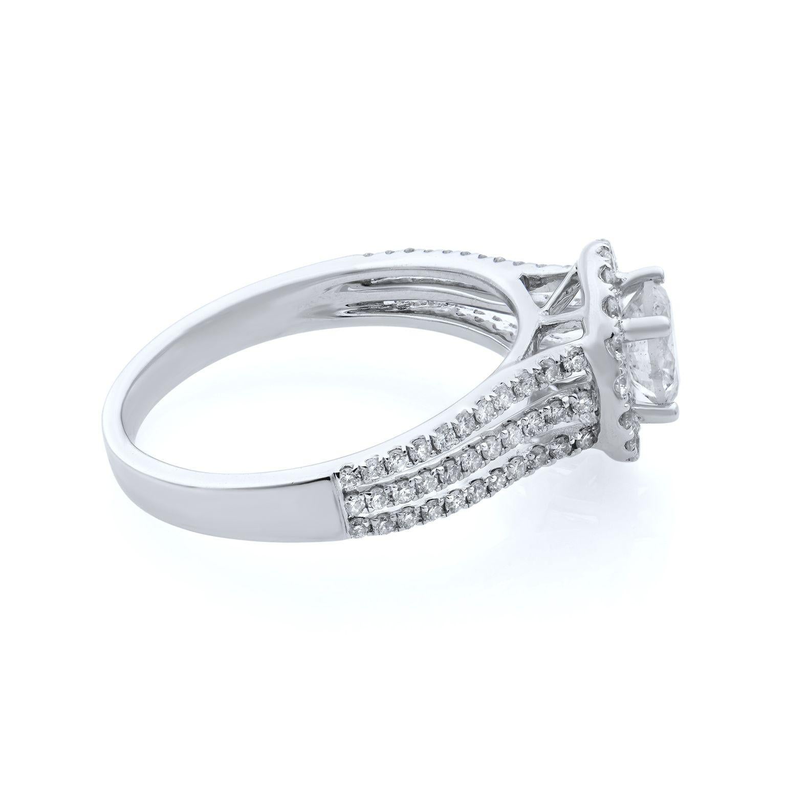 Modern Rachel Koen Round Diamond Halo Engagement Ring 18K White Gold 1.15cts For Sale
