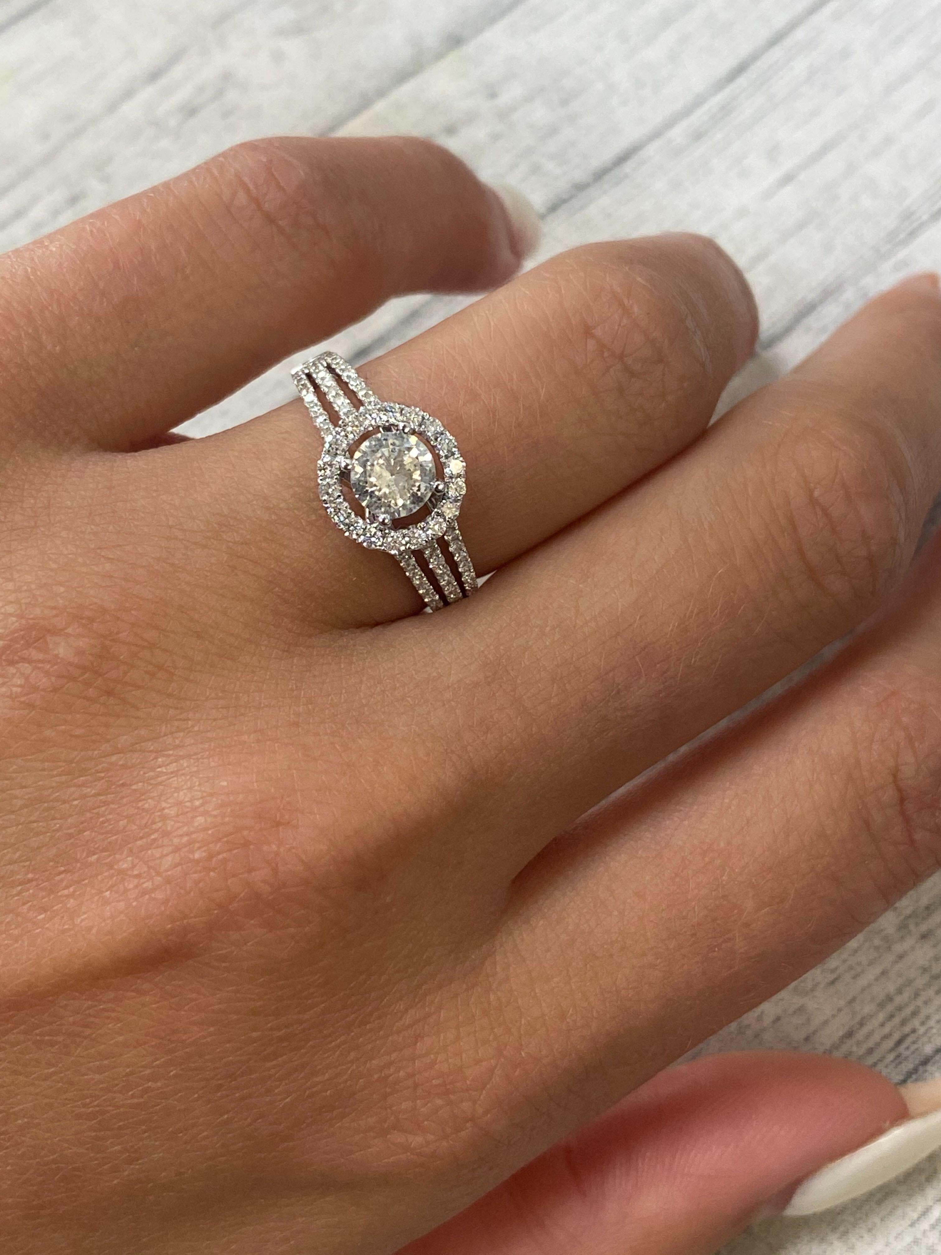 Women's Rachel Koen Round Diamond Halo Engagement Ring 18K White Gold 1.15cts For Sale