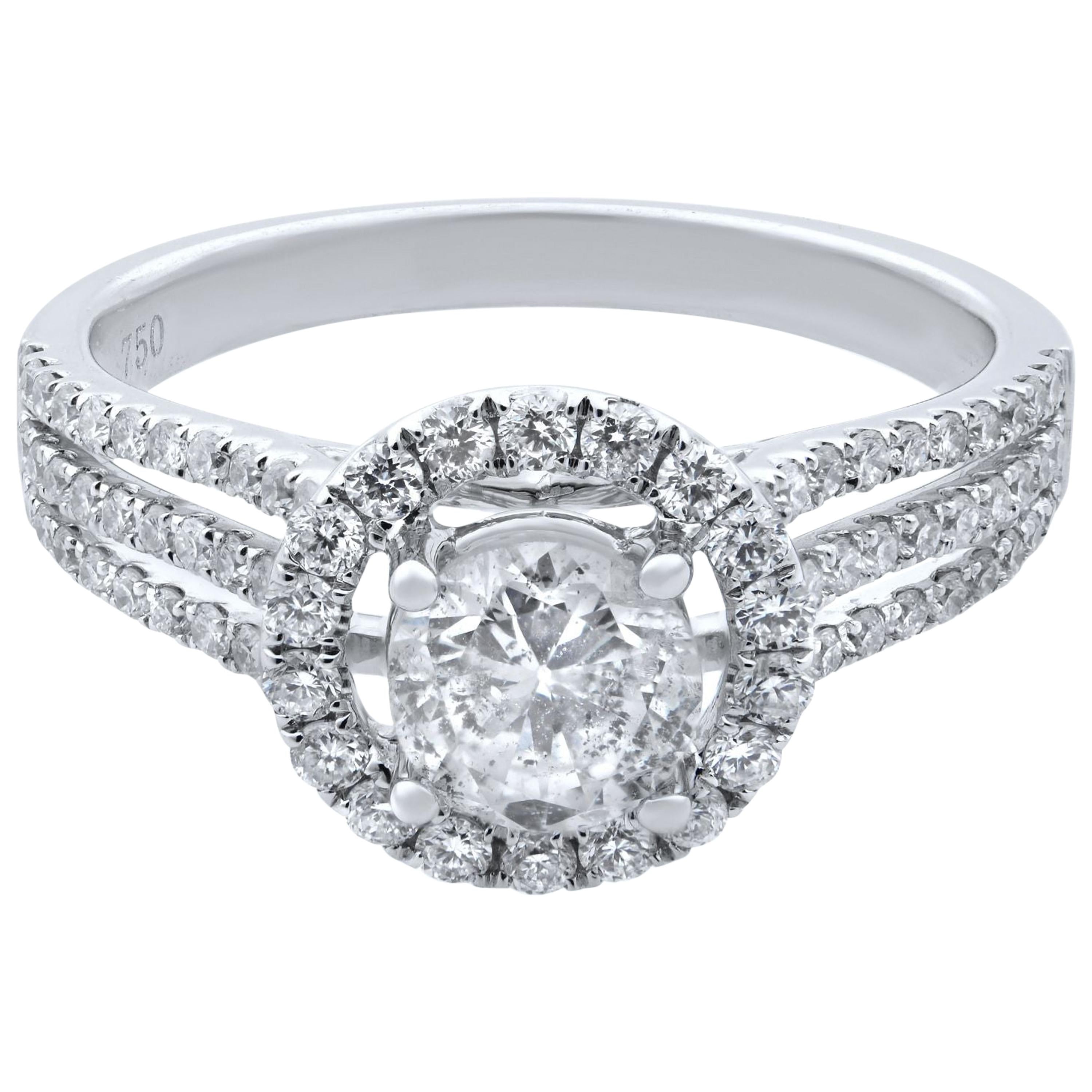 Rachel Koen Round Diamond Halo Engagement Ring 18K White Gold 1.15cts For Sale