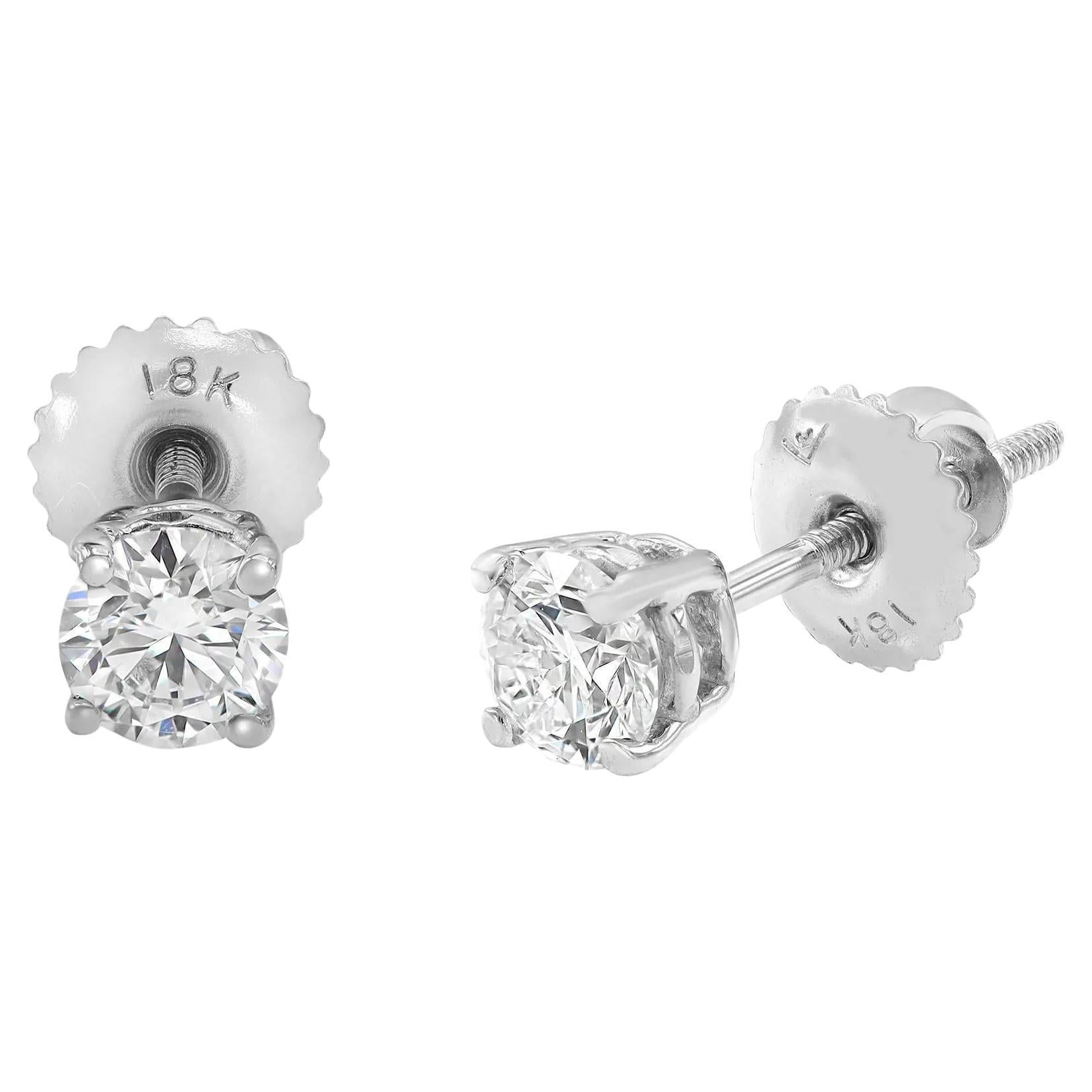 Rachel Koen Round Diamond Solitaire Stud Earrings 18K White Gold 0.70Cttw For Sale