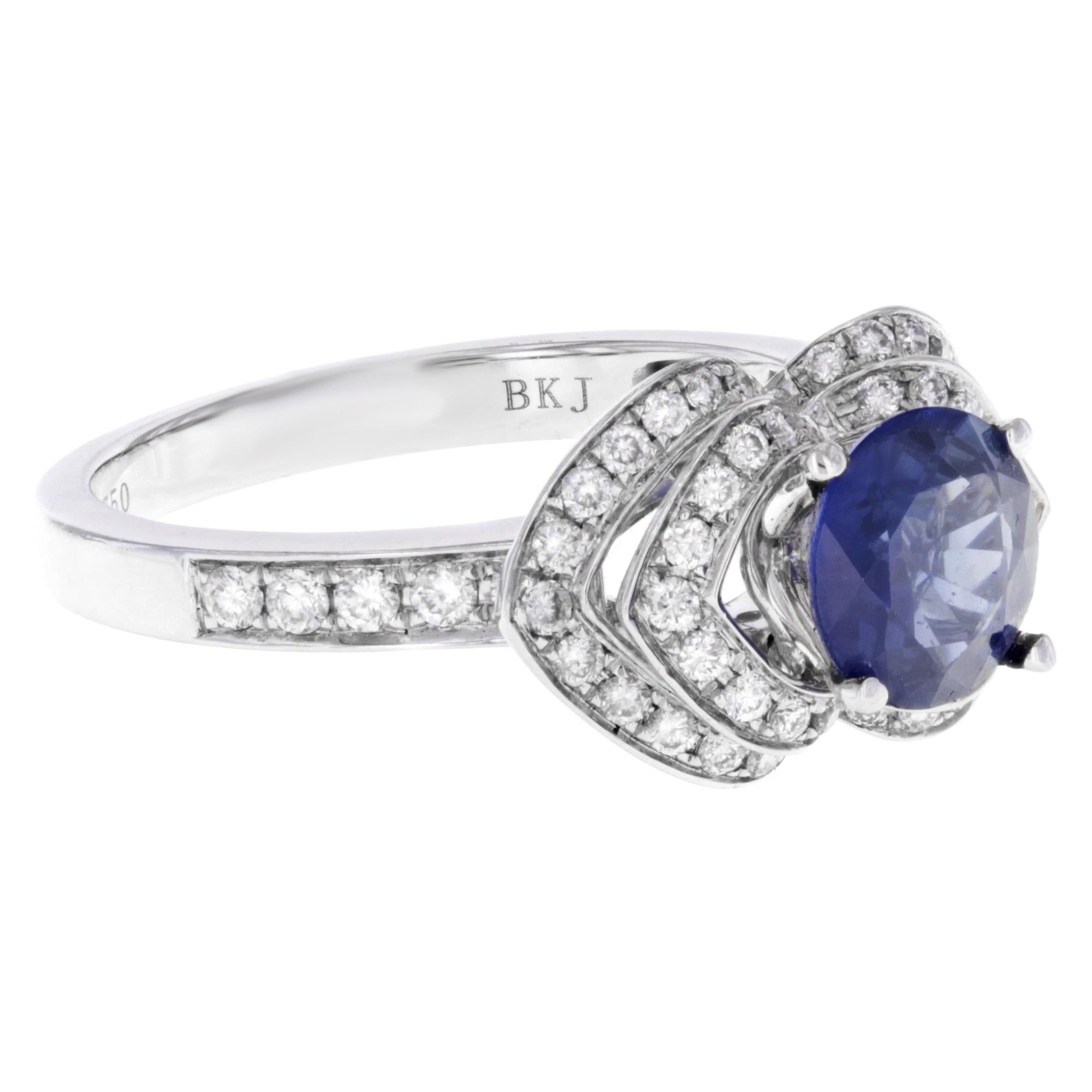 Modern Rachel Koen Round Sapphire Diamond Ring 18K White Gold 1.5 Cttw For Sale