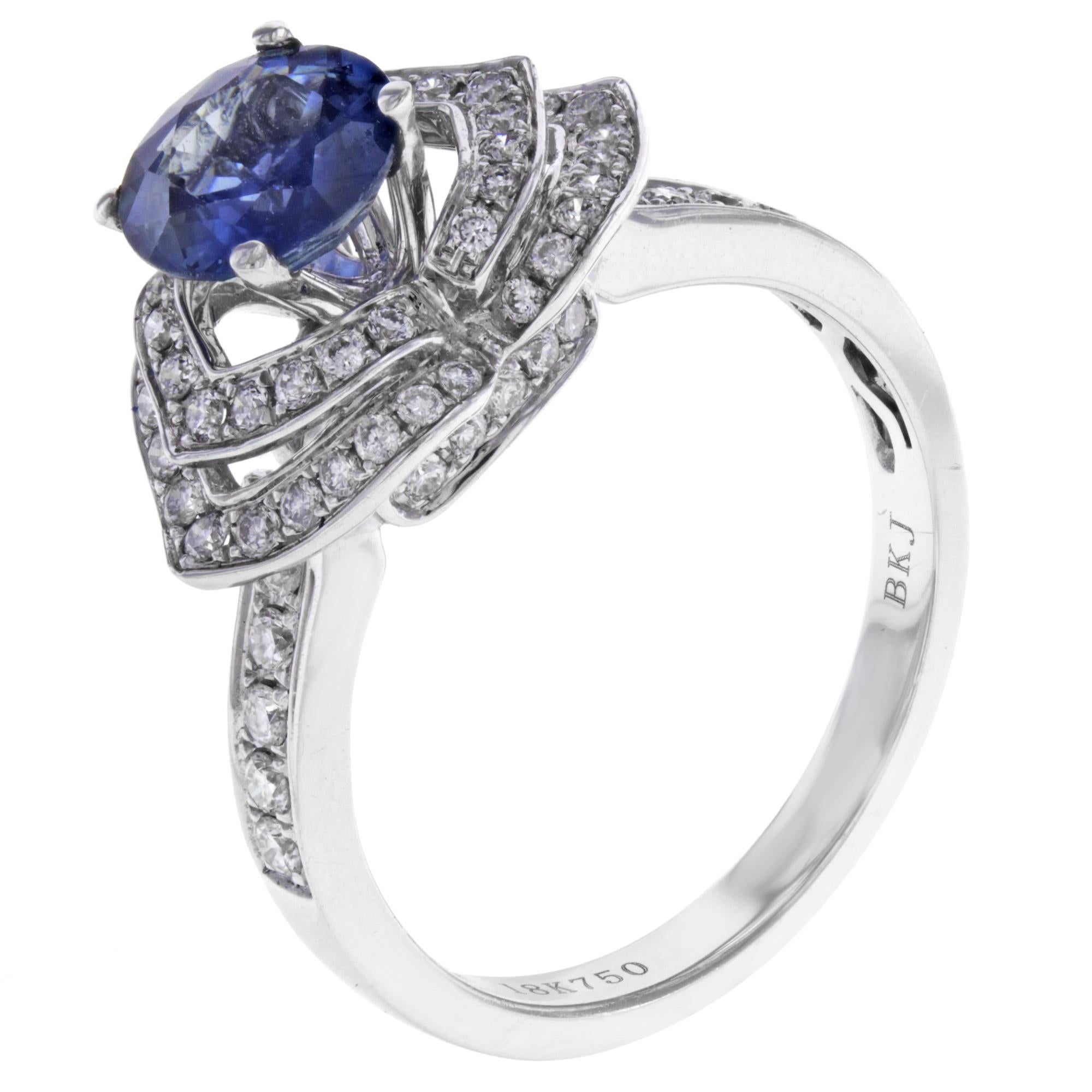 Round Cut Rachel Koen Round Sapphire Diamond Ring 18K White Gold 1.5 Cttw For Sale