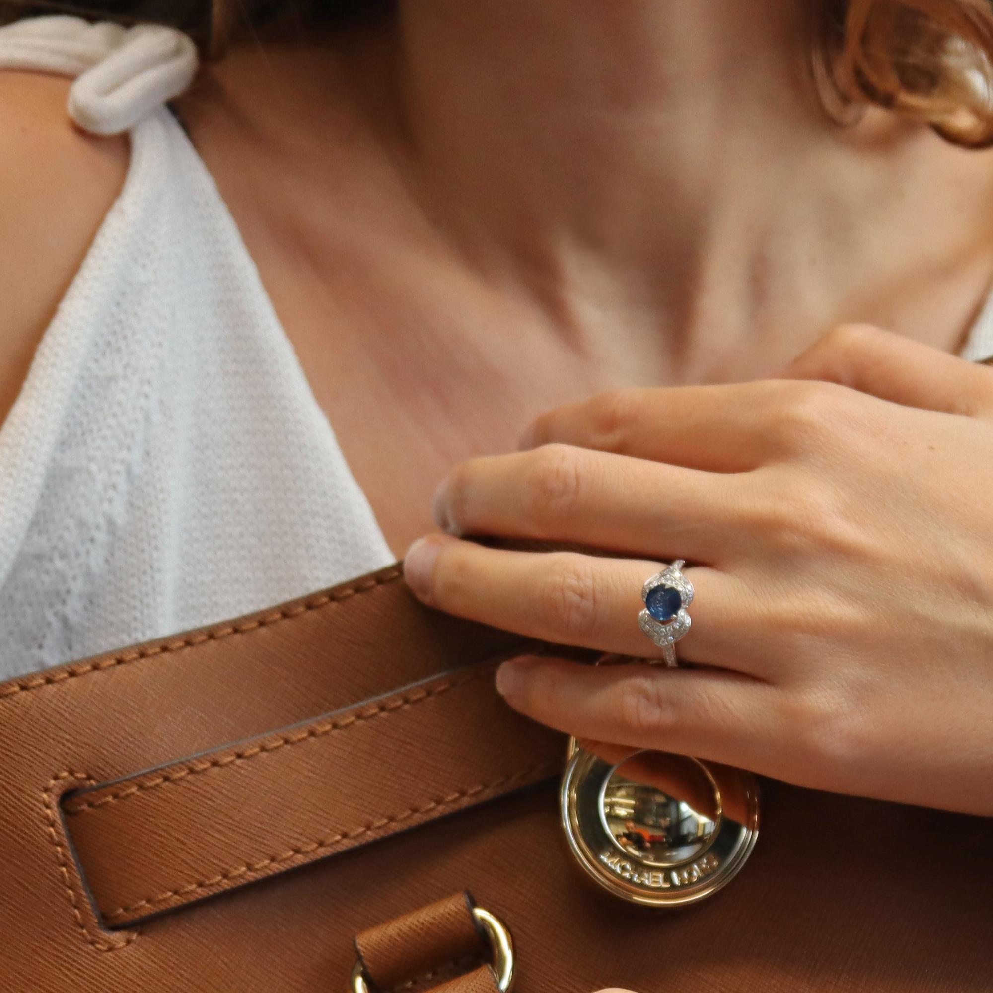 Women's Rachel Koen Round Sapphire Diamond Ring 18K White Gold 1.5 Cttw For Sale