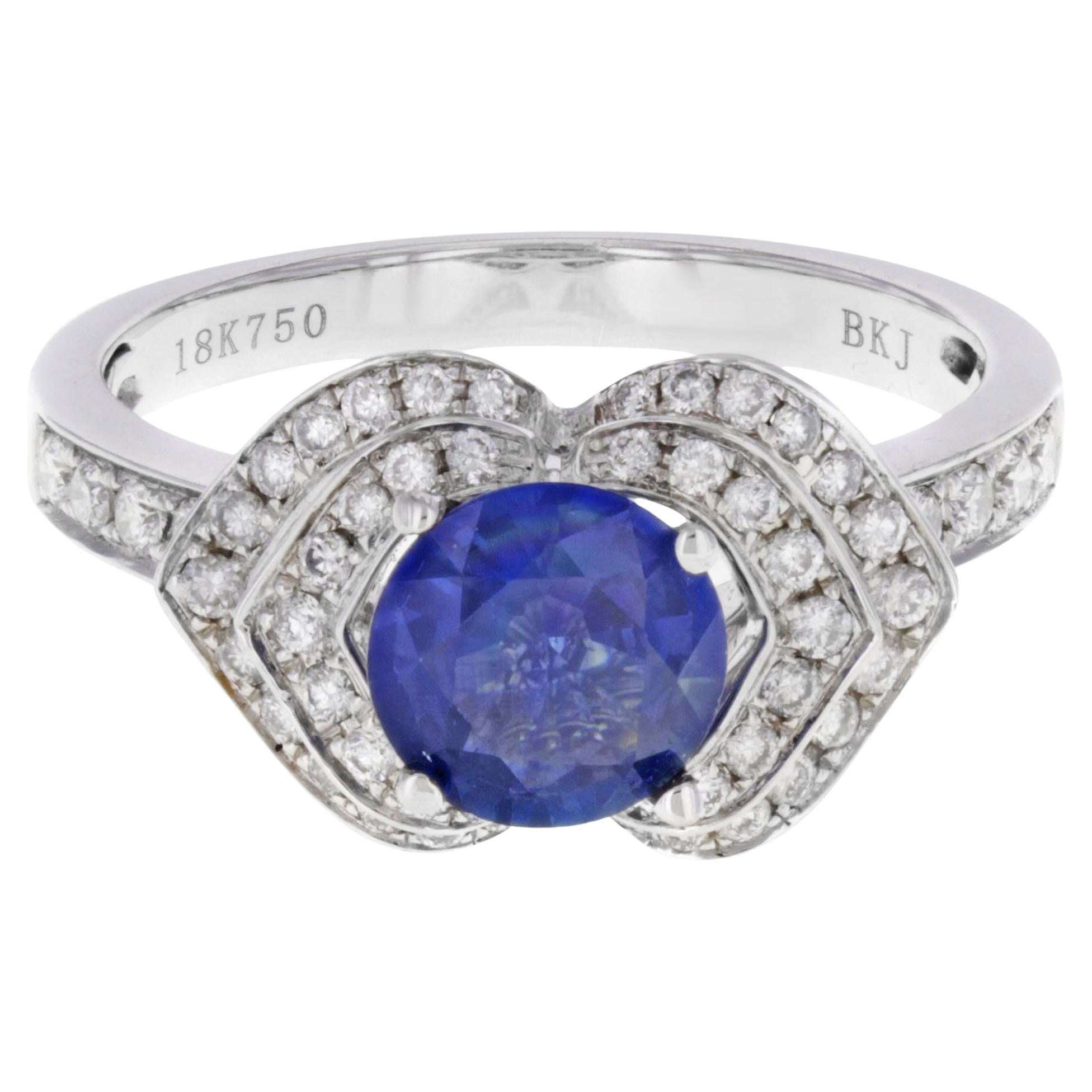 Rachel Koen Round Sapphire Diamond Ring 18K White Gold 1.5 Cttw For Sale