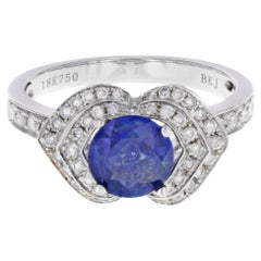 Rachel Koen Round Sapphire Diamond Ring 18K White Gold 1.5 Cttw