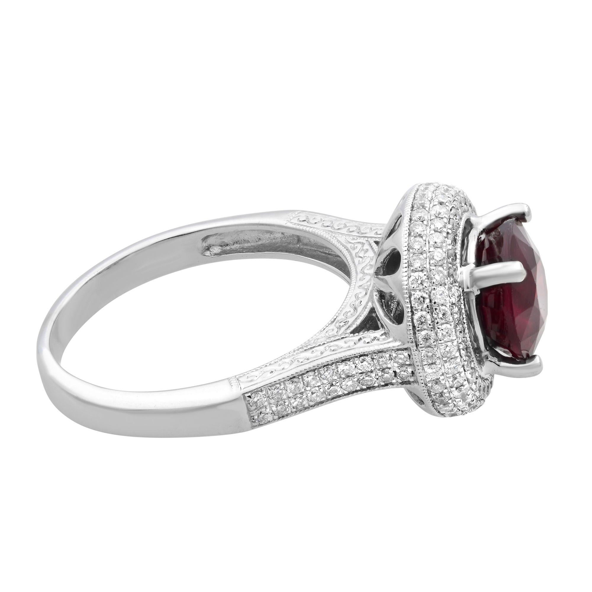 Round Cut Rachel Koen Ruby and Diamonds Engagement Ring 14K White Gold For Sale