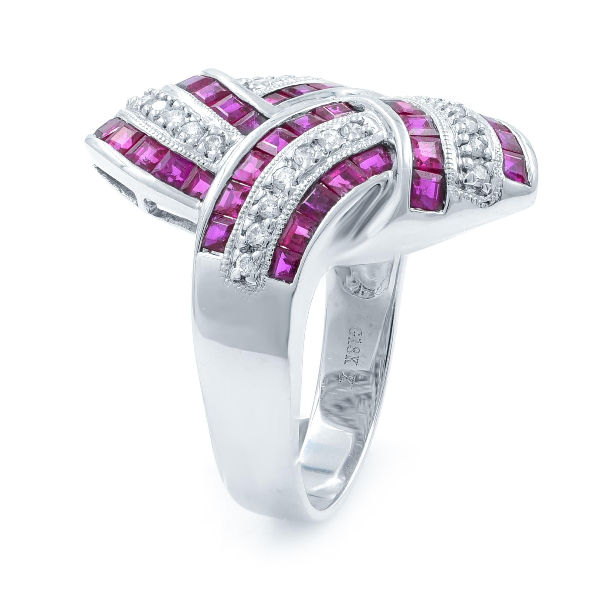 This sleekly styled modern band ring flashes with rows of bright, seamlessly-set square-cut rubies bordered by seamlessly-set vibrant diamonds. A blazingly beautiful and impressive estate jewel, sturdily crafted in gleaming 18k white gold. Ring size