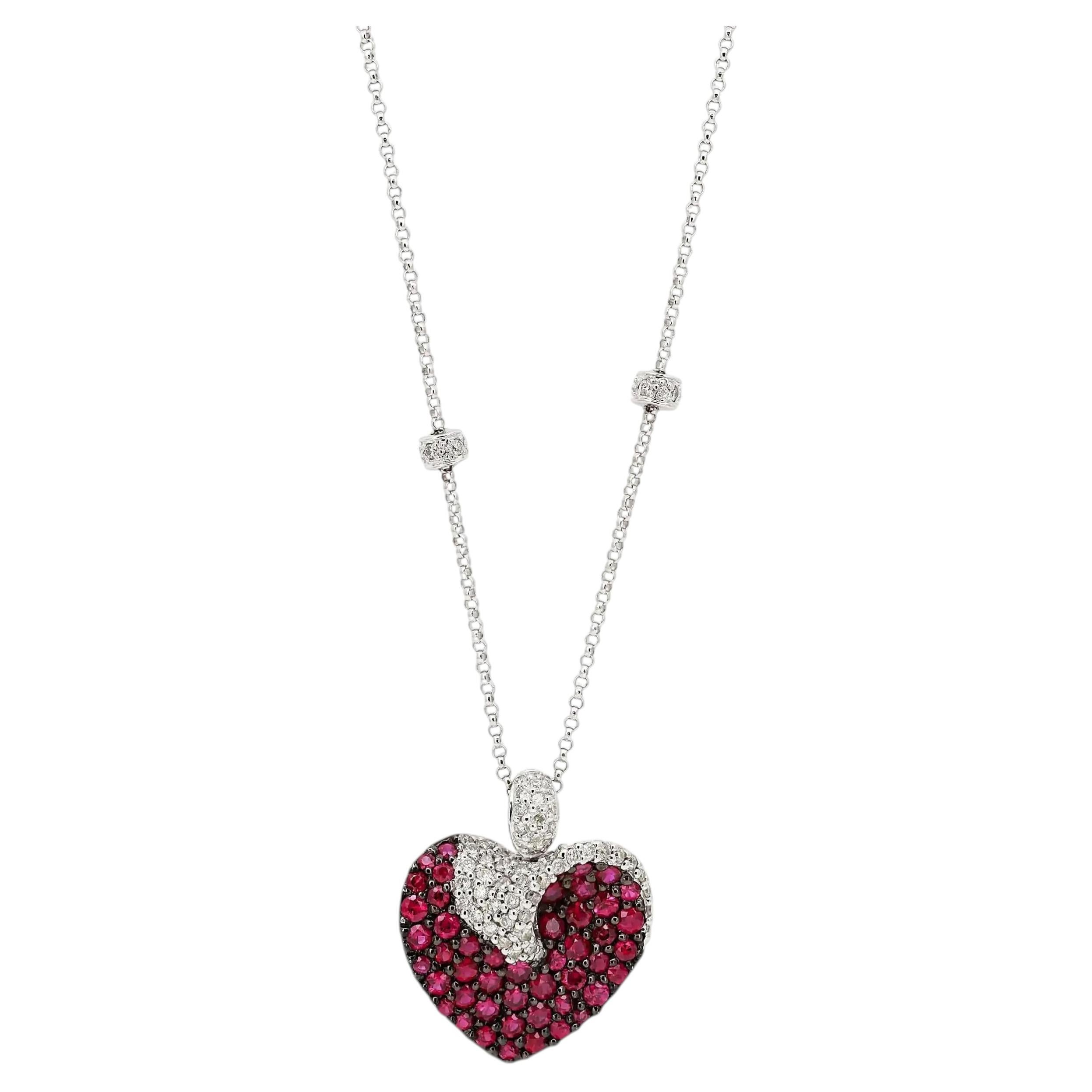 Rachel Koen Ruby & Diamond Heart Pendant Necklace 14K White Gold