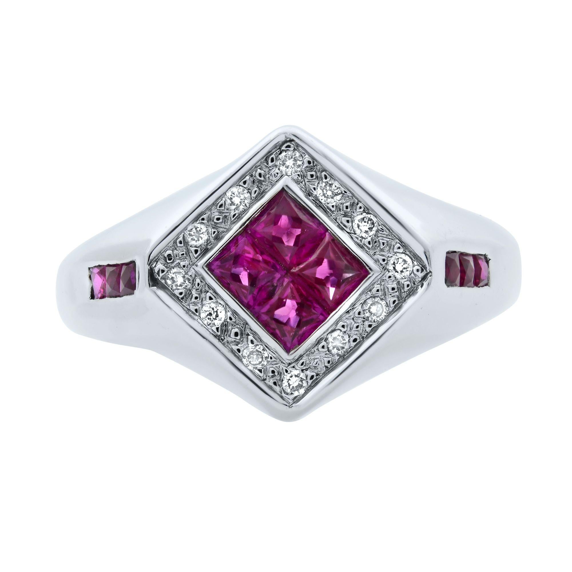 This cocktail ring holds 4 princess cut pink rubies at the center and 3 tiny rubies on each side of the shank. The halo is set with tiny diamonds. This unique design is crafted in 14k white gold with ring size 7. The total carat weight of rubies is
