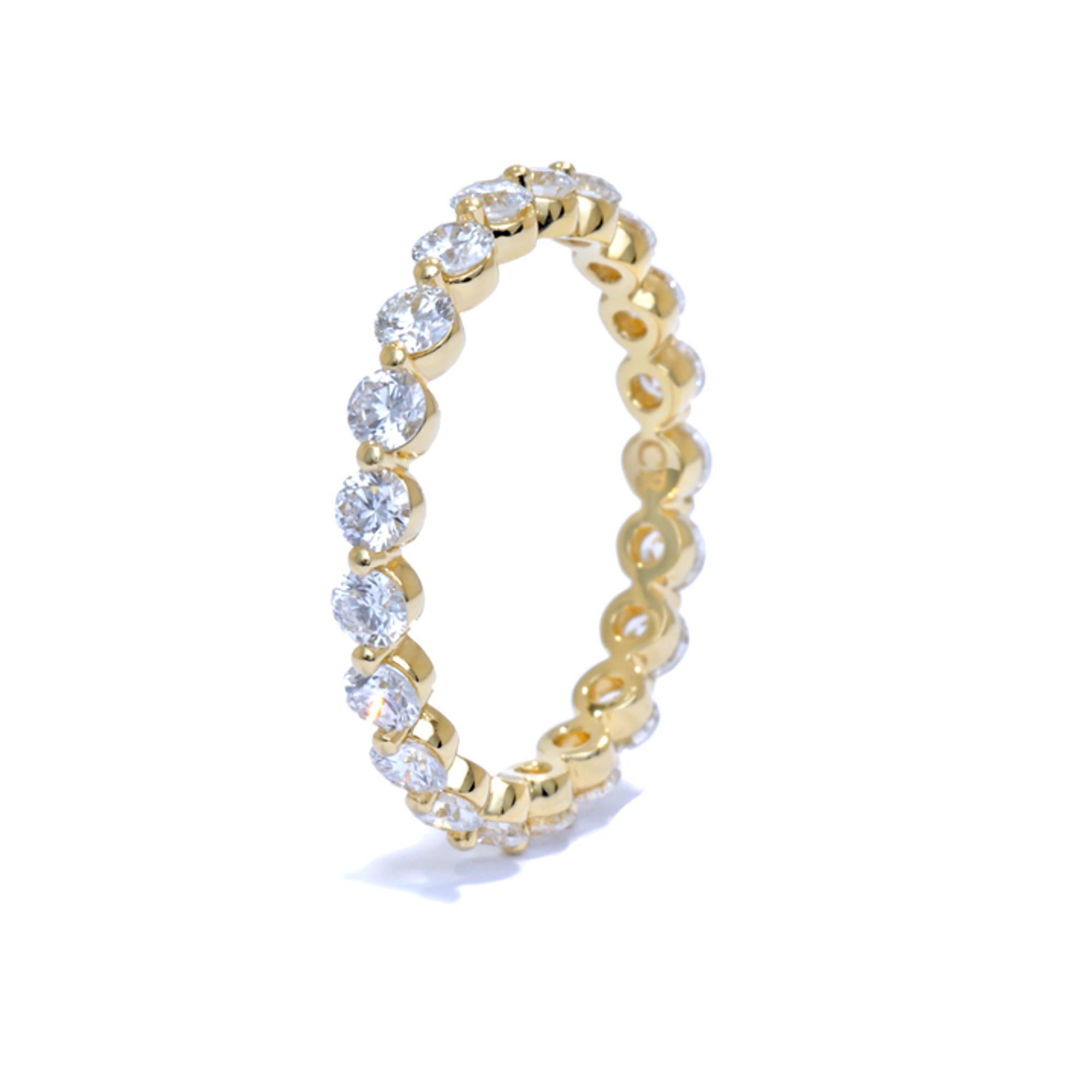 This style is available in variety of carat weights but this particular listing is for 0.75cts full circle diamond eternity band in 14k yellow gold. Measuring approx. 2.3mm wide this ring will sit flush with most of engagement ring complimenting any