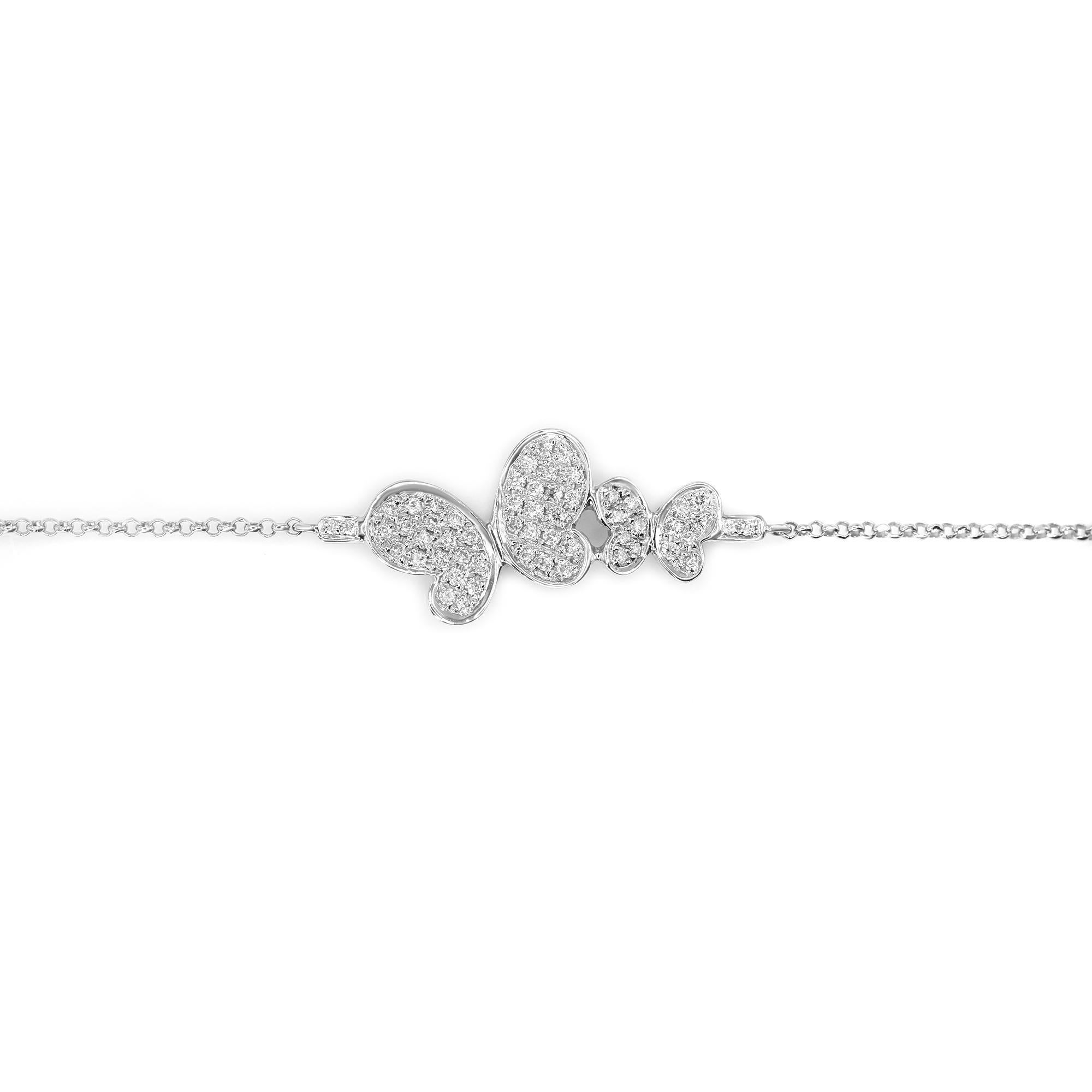 Butterflies are deep & powerful representations of life. Shop our special two diamond Butterfly chain bracelet in 18k white gold. This piece features 0.36cttw of round cut diamonds. Diamond color I and SI-I clarity. Length: 7.25 inches. Adjustable
