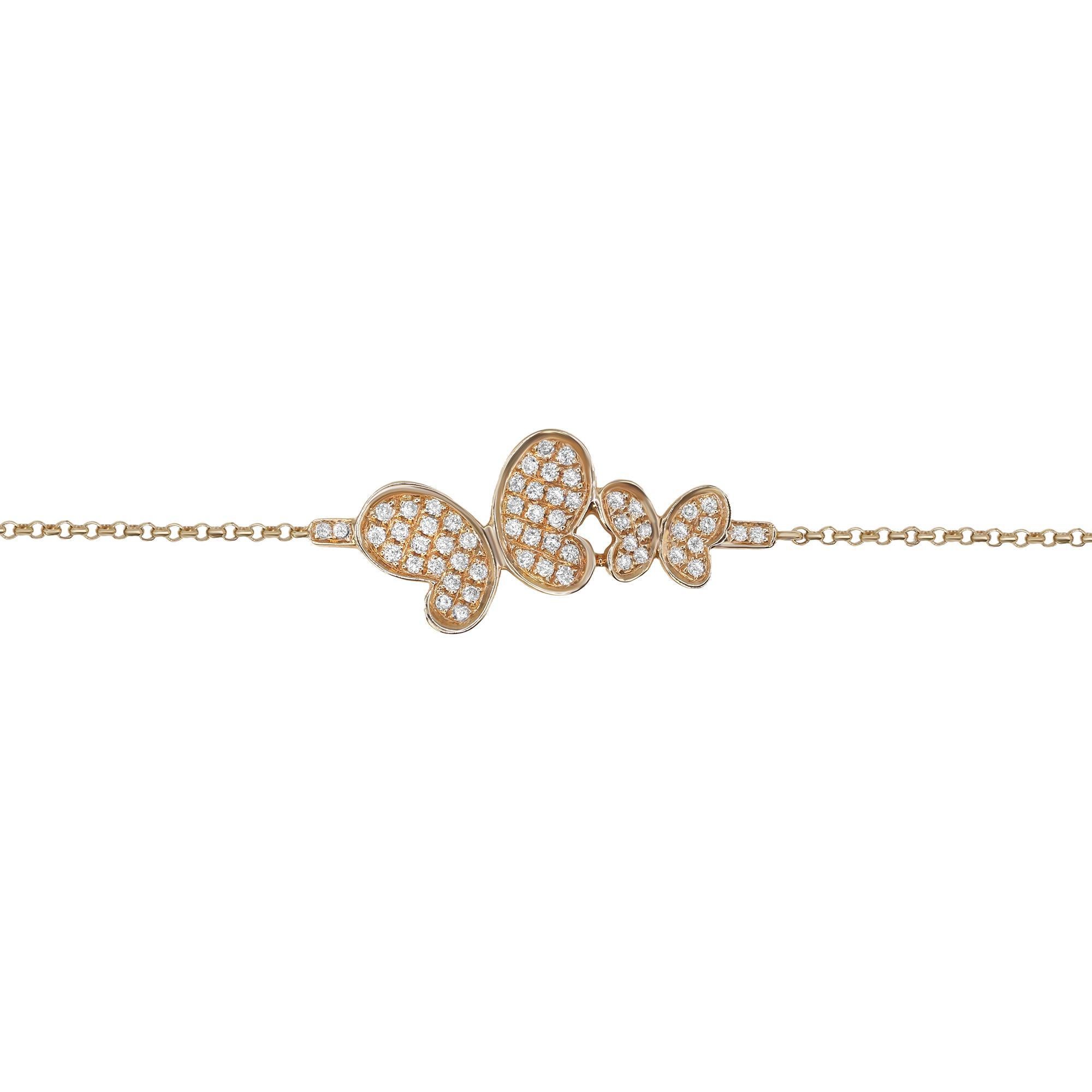 Butterflies are deep & powerful representations of life. Shop our special two diamond Butterfly chain bracelet  in 18k rose gold. This piece features 0.36cttw of round cut diamonds. Diamond color I and SI-I clarity. Length: 7.25 inches. Adjustable