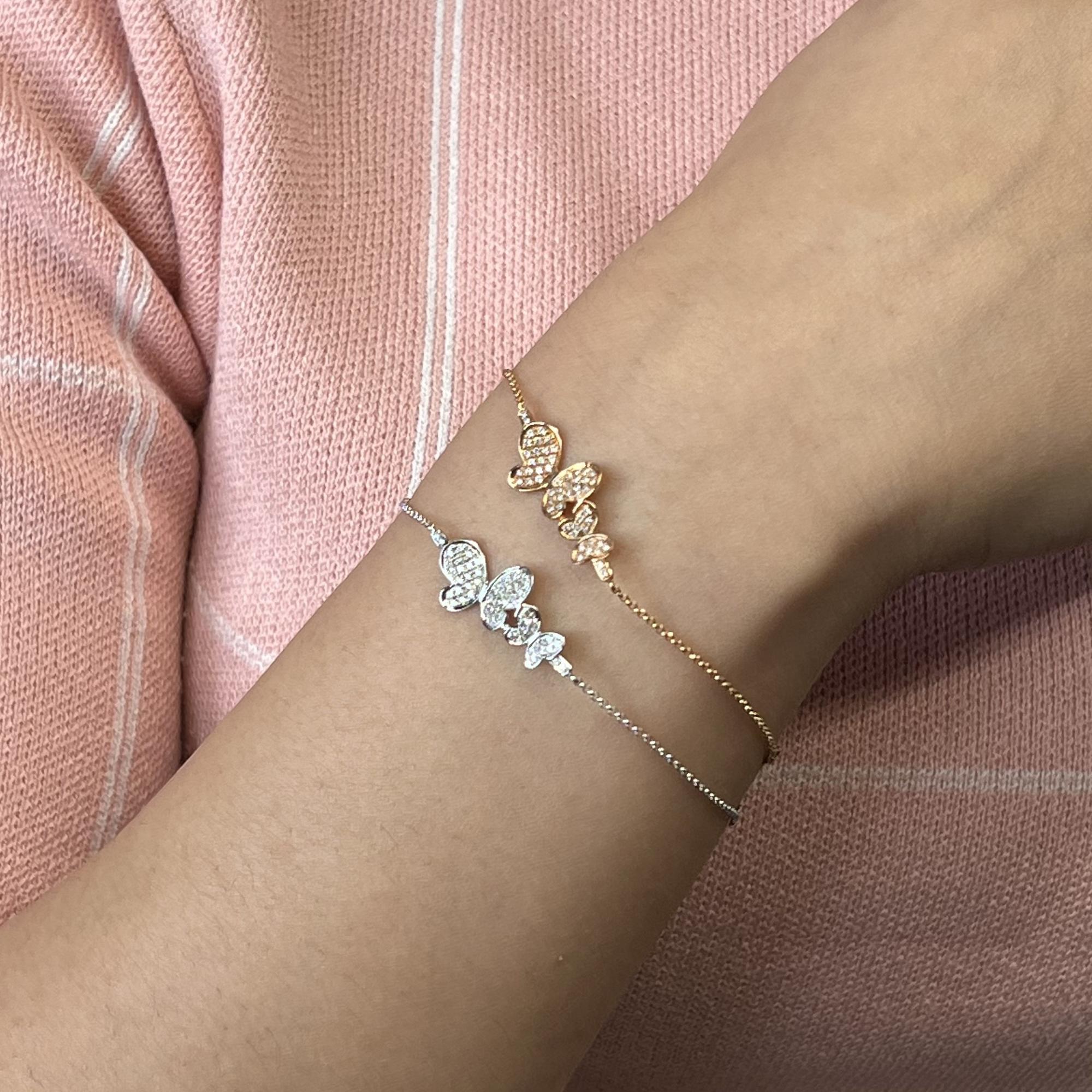 Modern Rachel Koen Simple Diamond Butterfly Chain Bracelet 18k Rose Gold 0.36cttw For Sale
