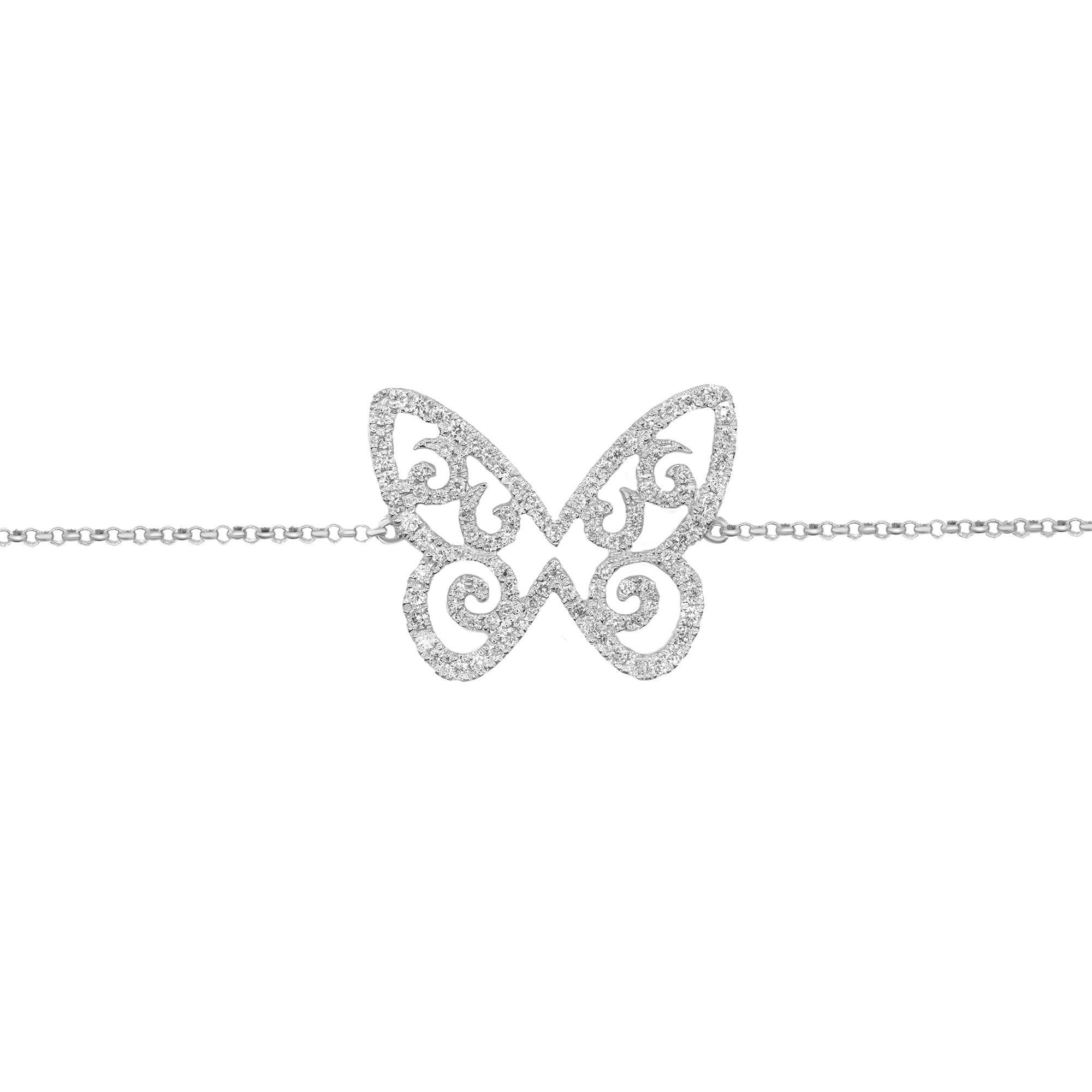 Butterflies are deep & powerful representations of life. Shop our special diamond butterfly chain bracelet  in 18k white gold. This piece features 0.46cttw of round cut diamonds. Diamond color I and SI-I clarity. Length: 7.50 inches. Adjustable