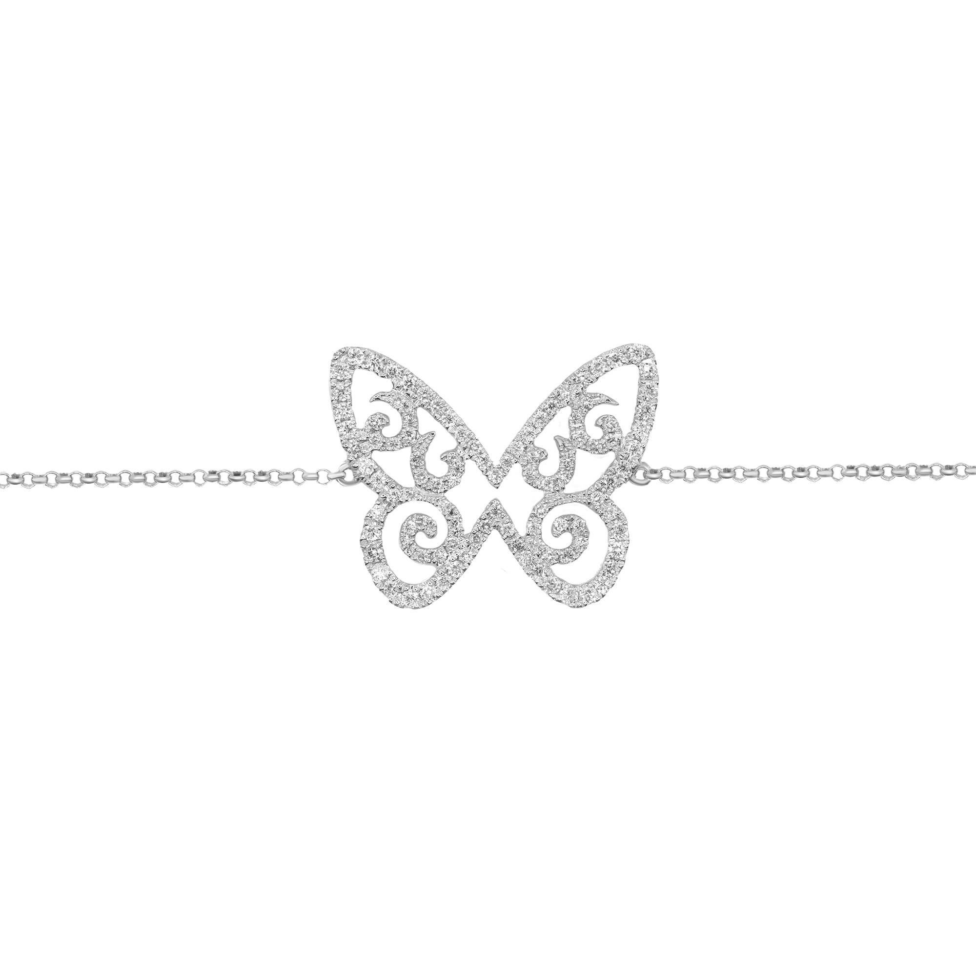 Butterflies are deep & powerful representations of life. Shop our special diamond butterfly chain bracelet  in 18k white gold. This piece features 0.46cttw of round cut diamonds. Diamond color I and SI-I clarity. Length: 7.50 inches. Adjustable