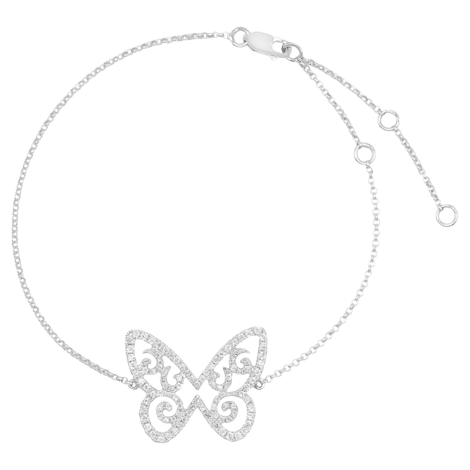 Rachel Koen Simple Diamond Butterfly Chain Bracelet 18K White Gold 0.46cttw For Sale