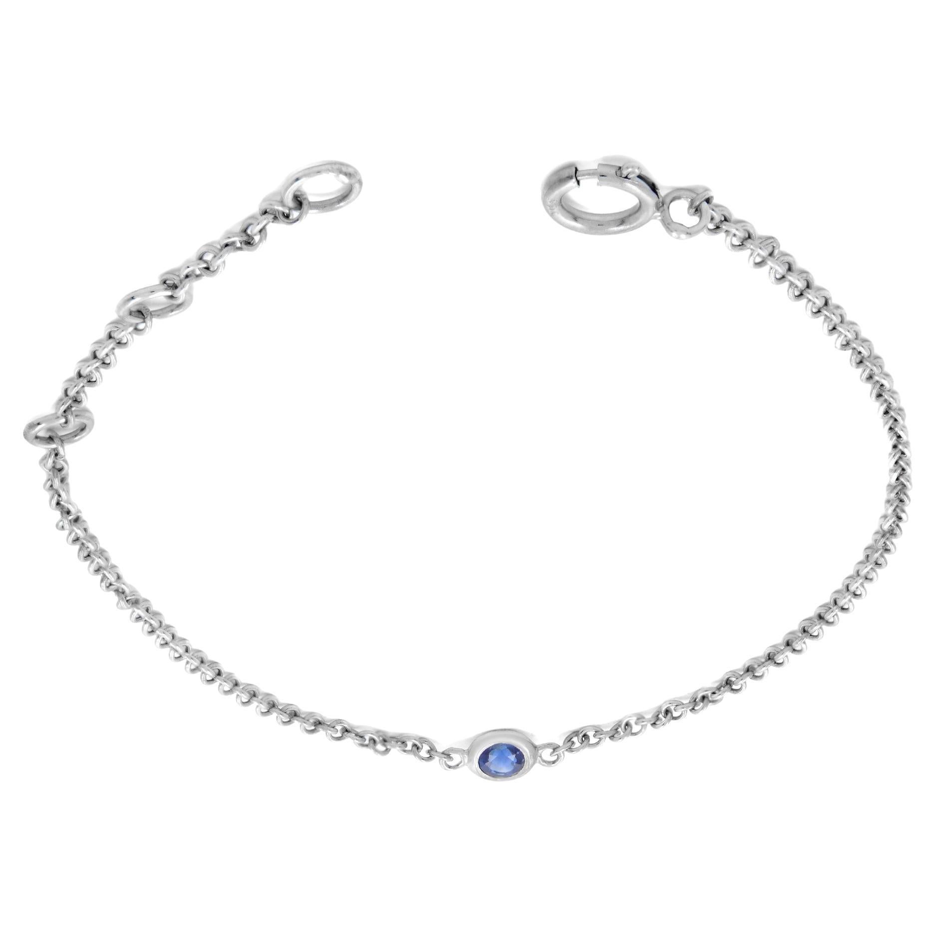 Rachel Koen Single Bezel Blue Sapphire Ladies Chain Bracelet 14k White Gold