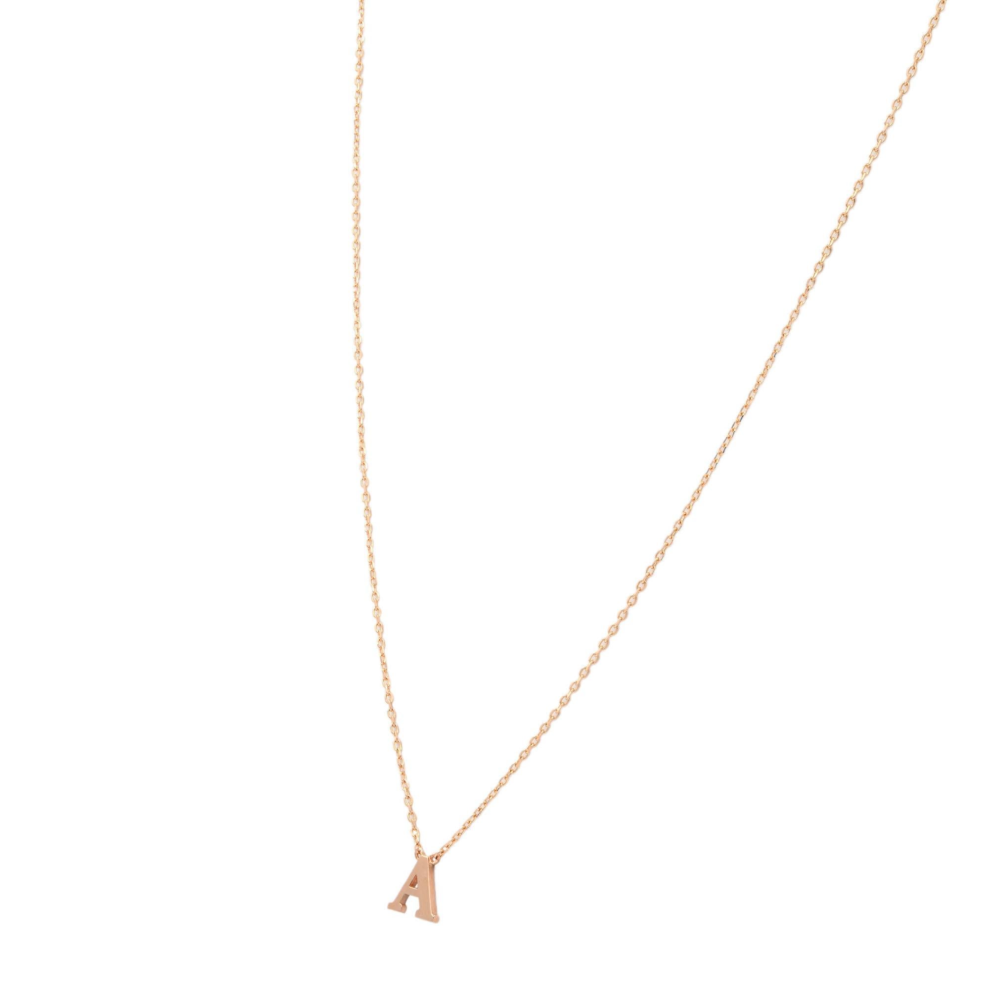 Modern Rachel Koen Small 'A' Initial Letter Pendant Chain Necklace 14K Rose Gold For Sale