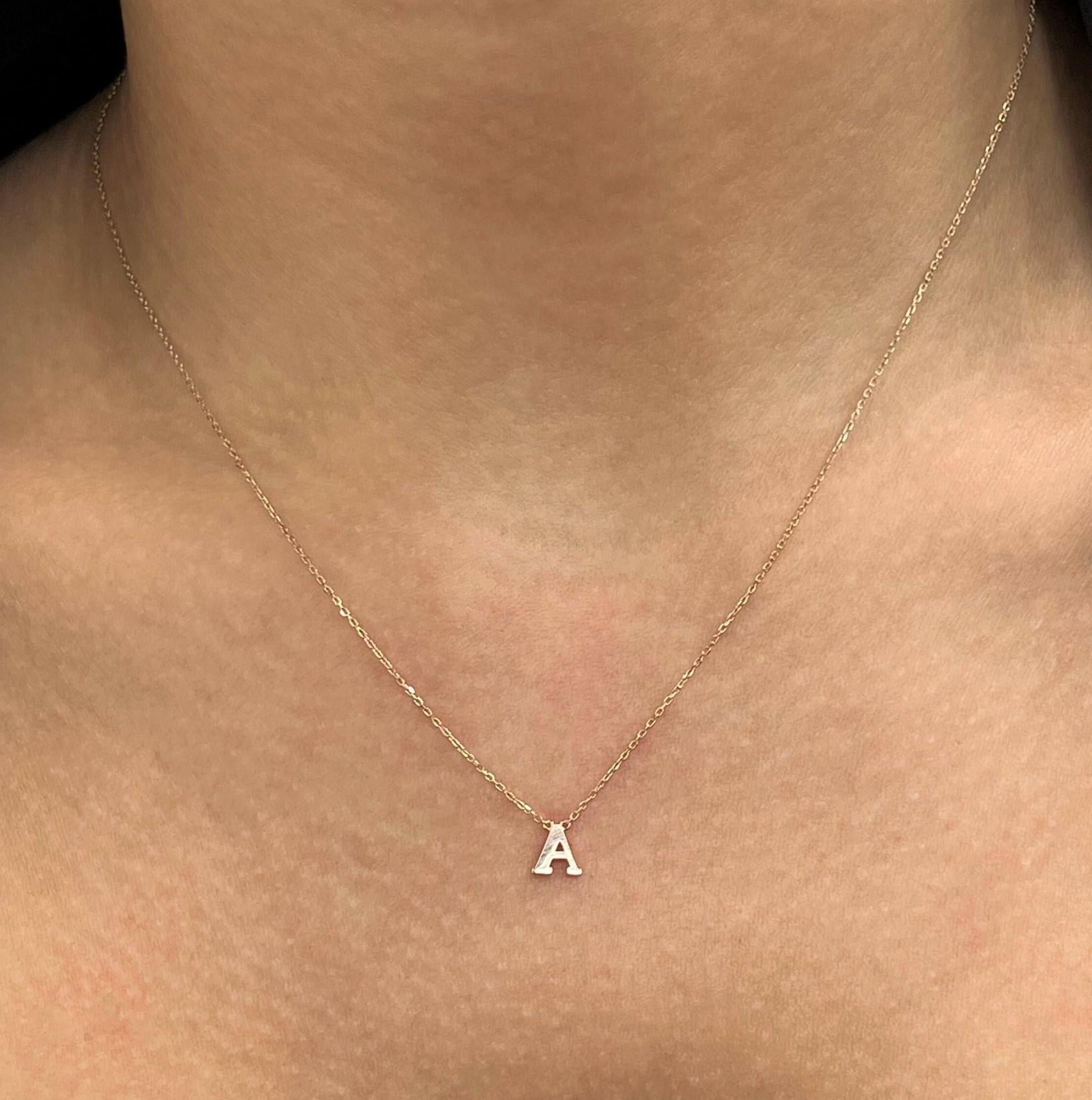 Rachel Koen Small 'A' Initial Letter Pendant Chain Necklace 14K Rose Gold In New Condition For Sale In New York, NY