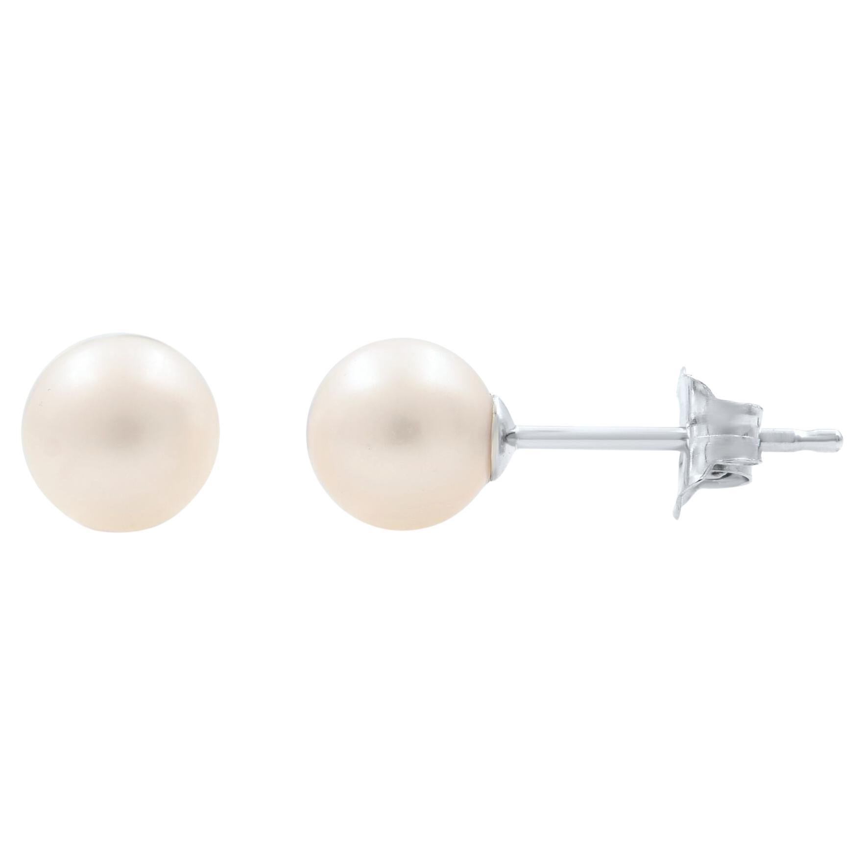 Rachel Koen Small White Natural Pearl Stud Earrings 14K White Gold For Sale