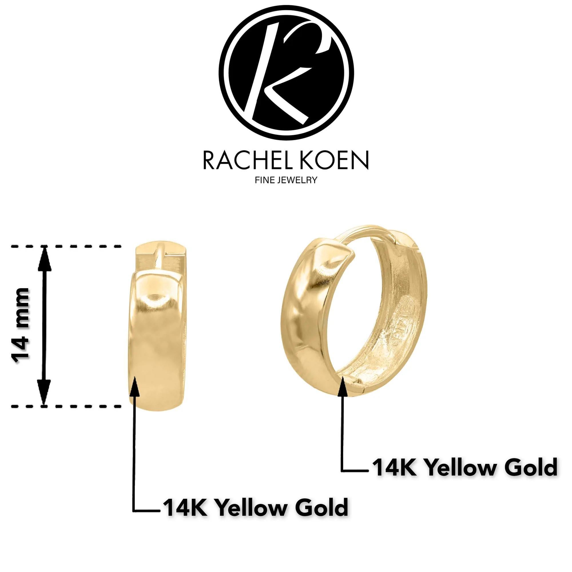 Rachel Koen Small Wide Hinged Huggie Hoop Earrings 14K Yellow Gold 14mm In New Condition For Sale In New York, NY
