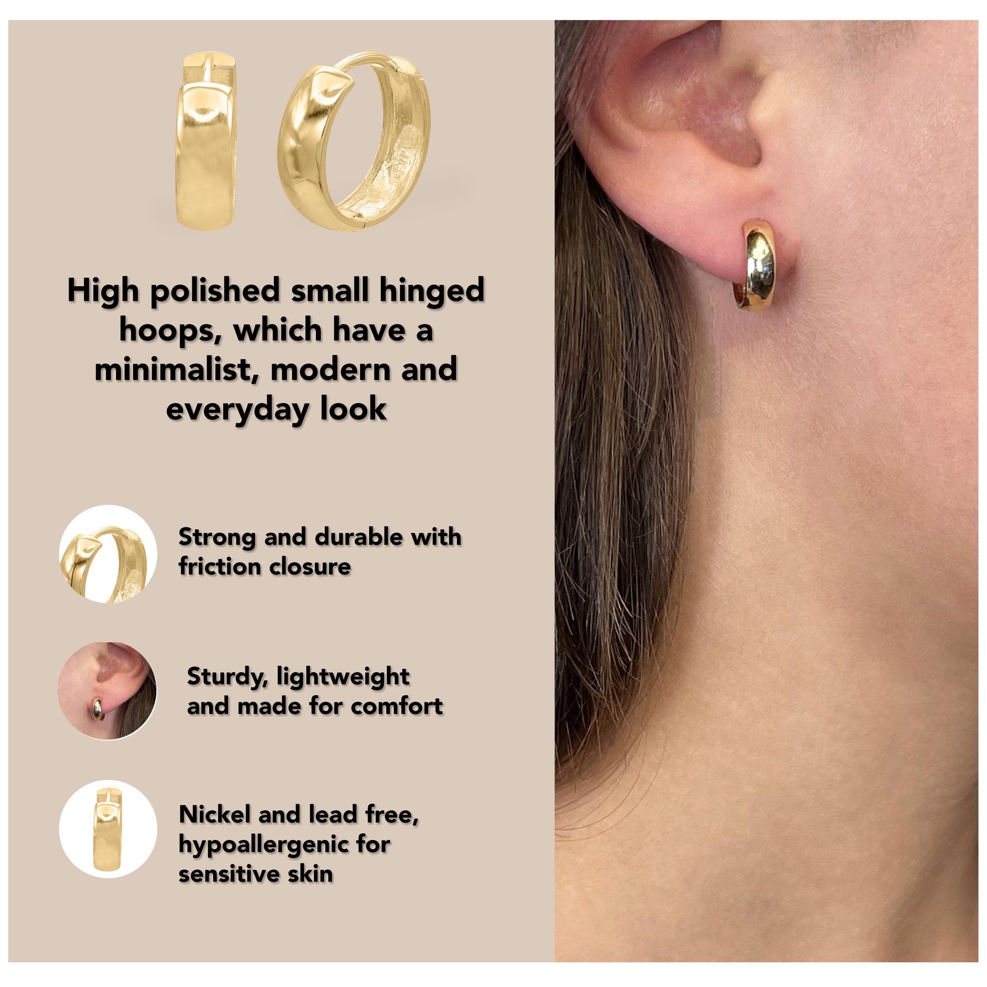Rachel Koen Small Wide Hinged Huggie Hoop Earrings 14K Yellow Gold 14mm For Sale 2