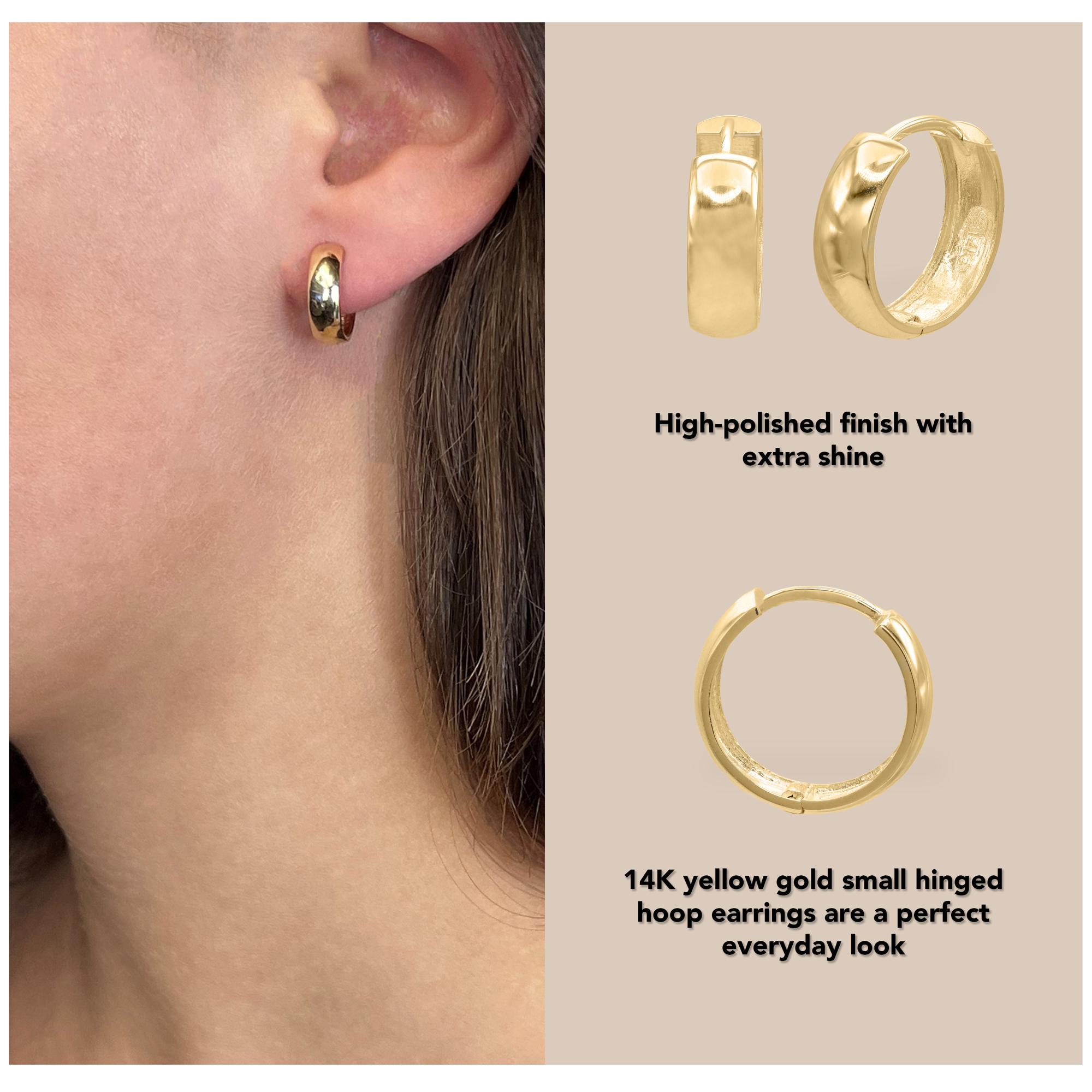 Rachel Koen Small Wide Hinged Huggie Hoop Earrings 14K Yellow Gold 14mm For Sale 3