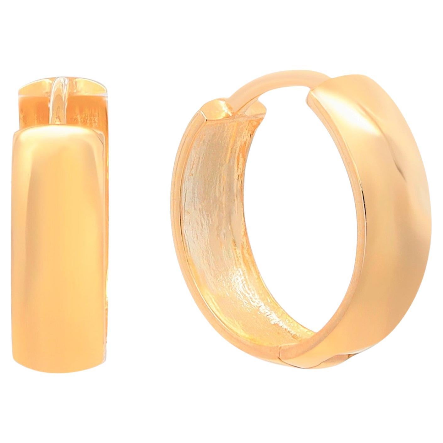 Rachel Koen Small Wide Hinged Huggie Hoop Earrings 14K Yellow Gold 14mm For Sale
