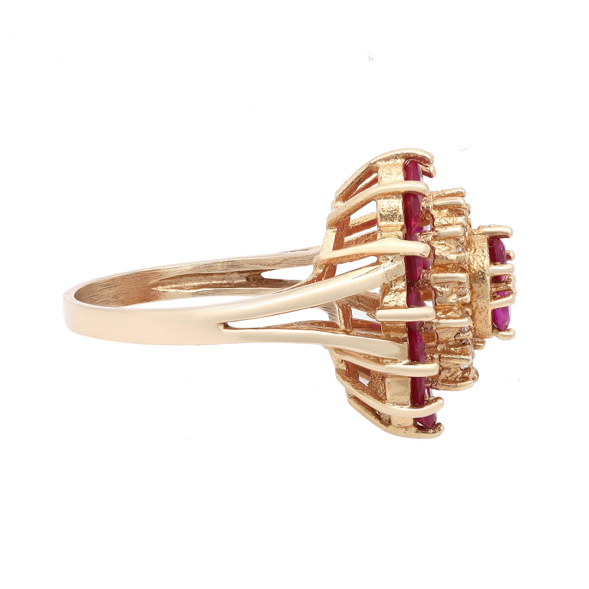 This gorgeous ladies ring is crafted in 14k yellow gold. Features 14 prong set round cut synthetic Rubies with 11 sparkling round brilliant cut diamonds. Ring size 5.75. Total weight: 5.96 grams. Great pre-owned condition. Comes with a presentable