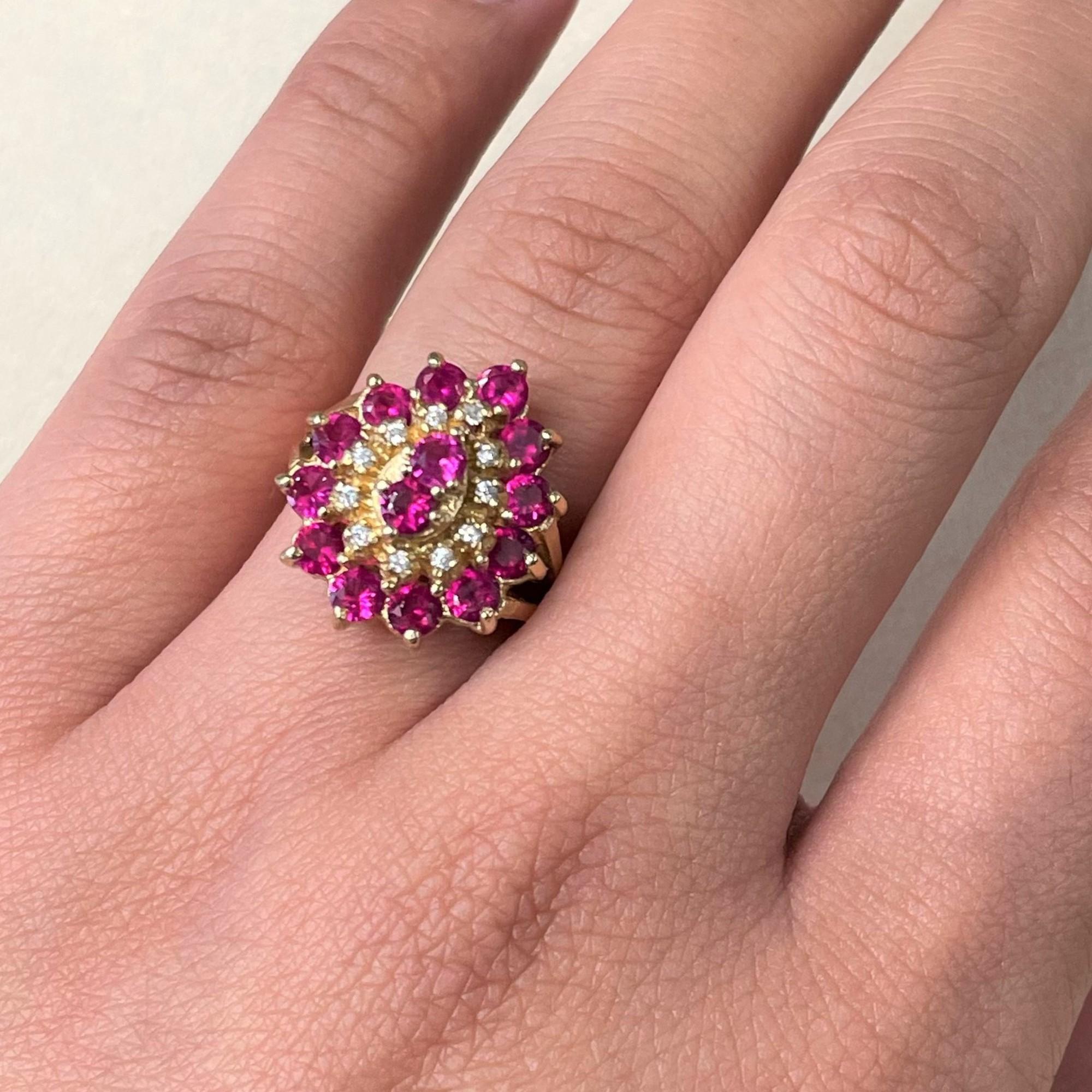 Rachel Koen Synthetic Ruby & Diamond Cocktail Ring 14k Yellow Gold In Excellent Condition In New York, NY