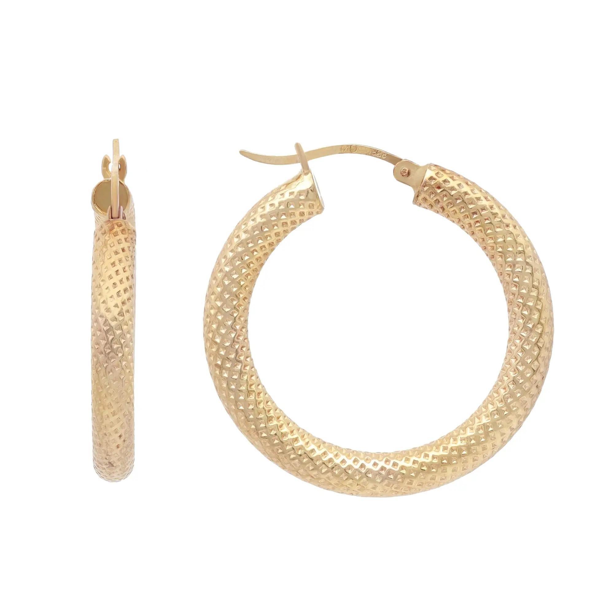 Rachel Koen Textured Round Hollow Hoop Earrings 14k Yellow Gold For Sale