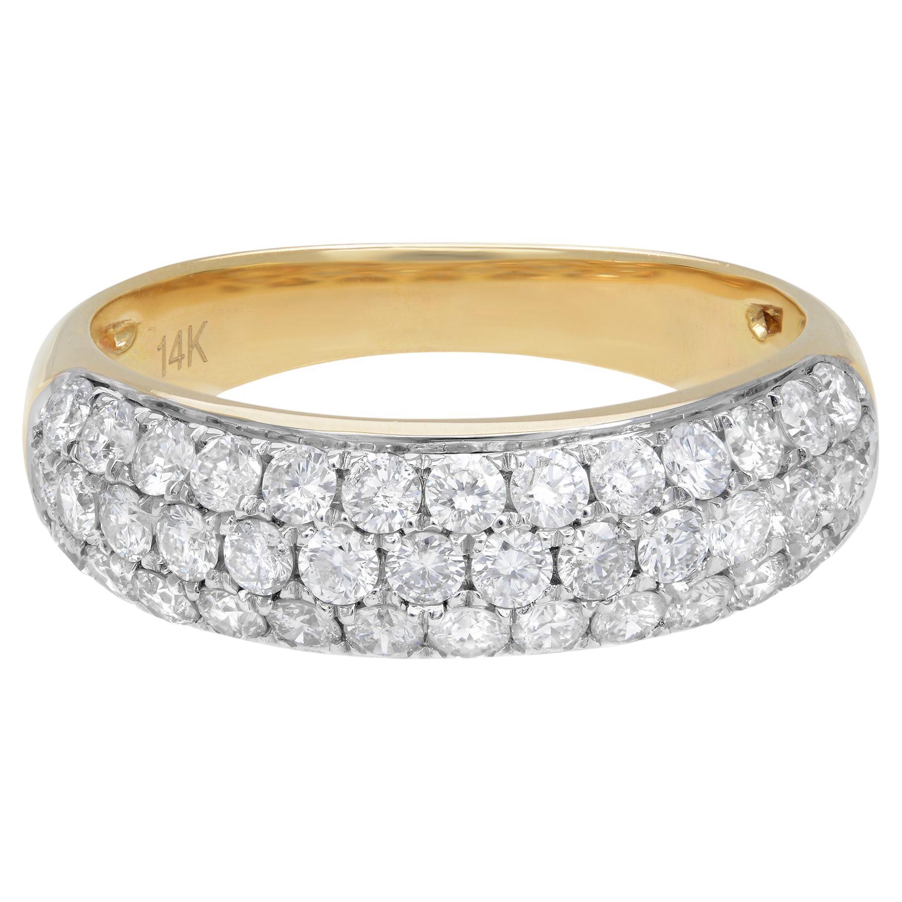 Rachel Koen Three Row Pave Diamond Wedding Band Ring 14K Yellow Gold 1.04cttw For Sale