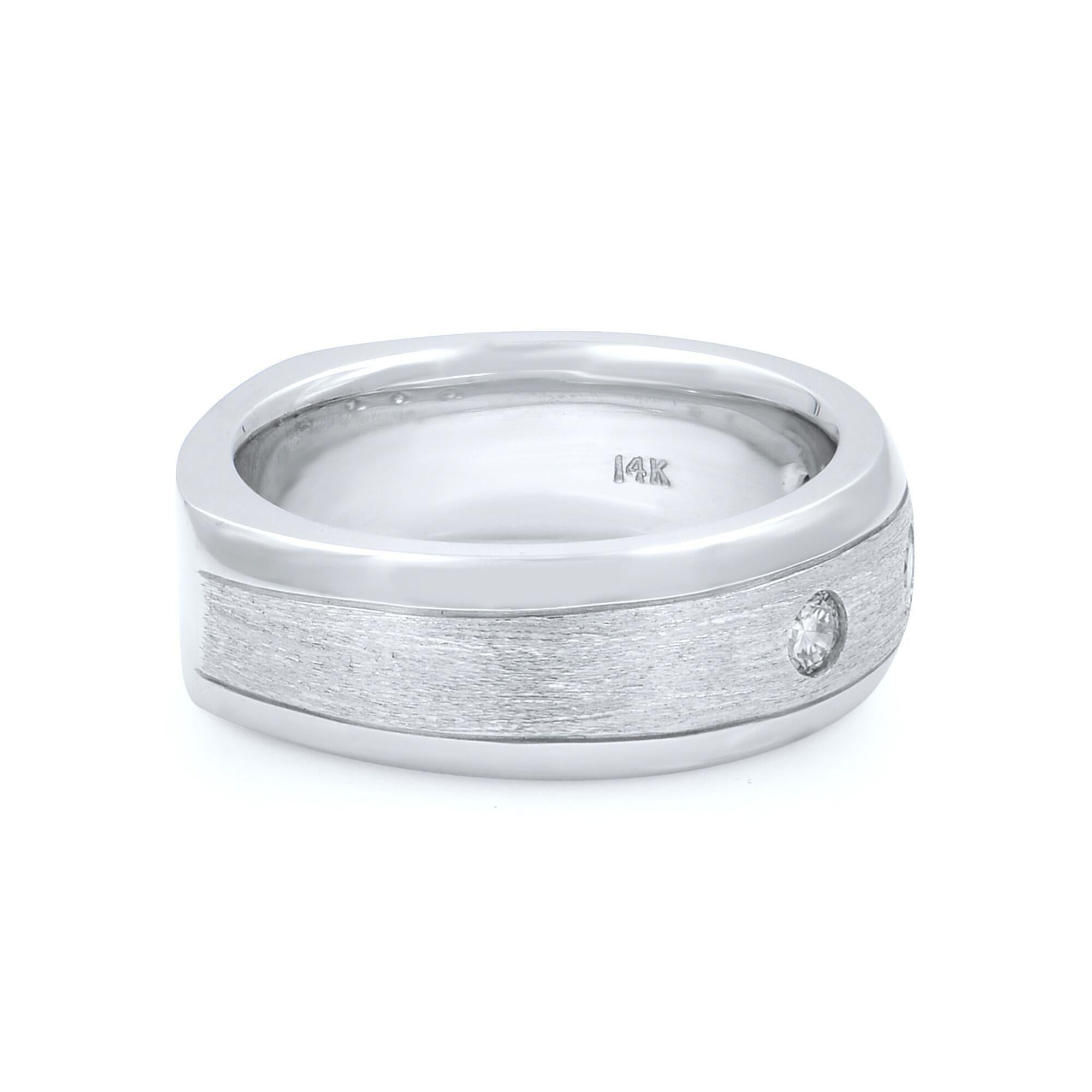 This solid wedding band is crafted in 14K white gold, featuring 3 round cut diamonds with a total diamond carat weight of 0.28. The ring size is 9 and weighs 16 grams. It comes in a presentable gift box.