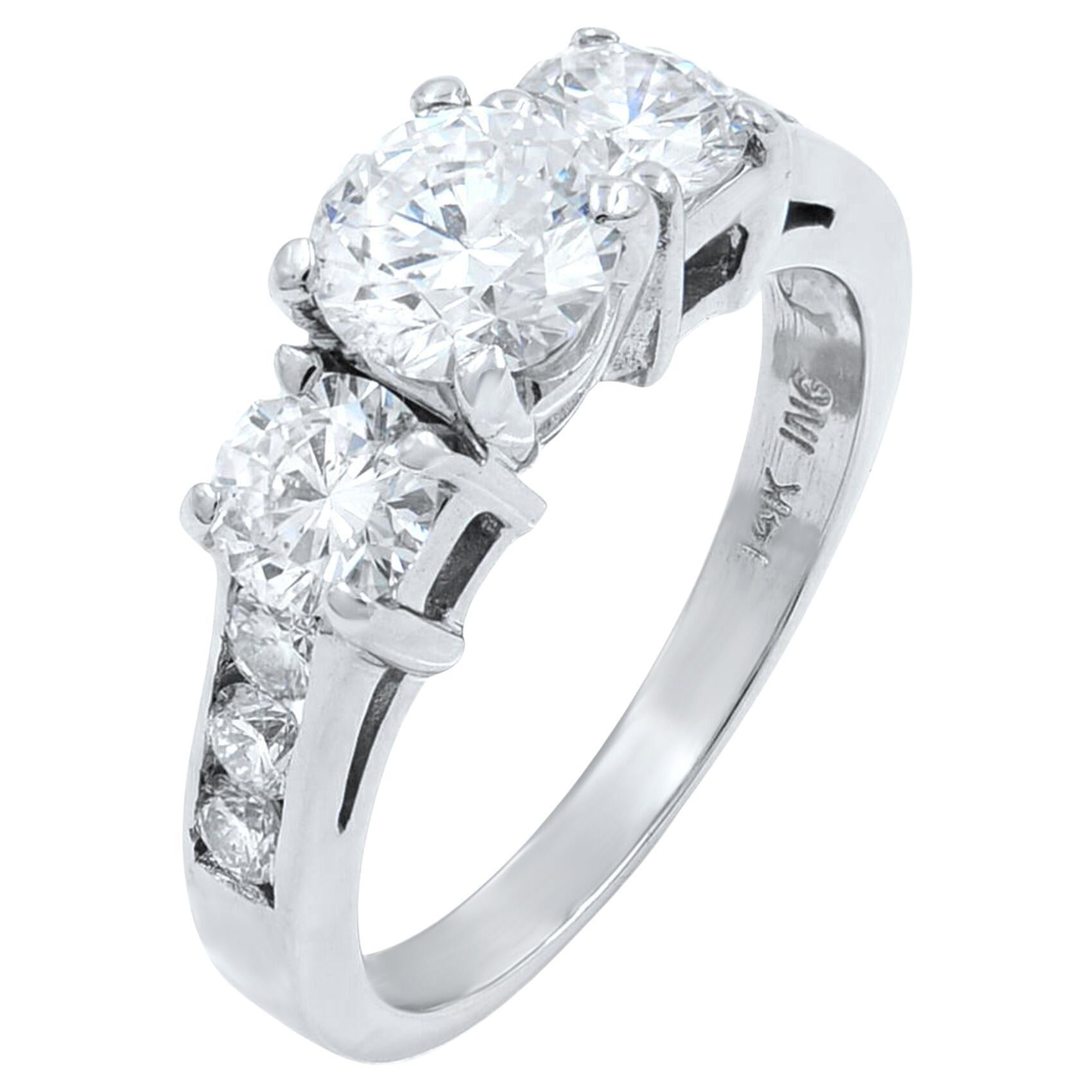 Rachel Koen Three Stone Round Diamond Ladies Ring 14k White Gold 1.48Cttw For Sale