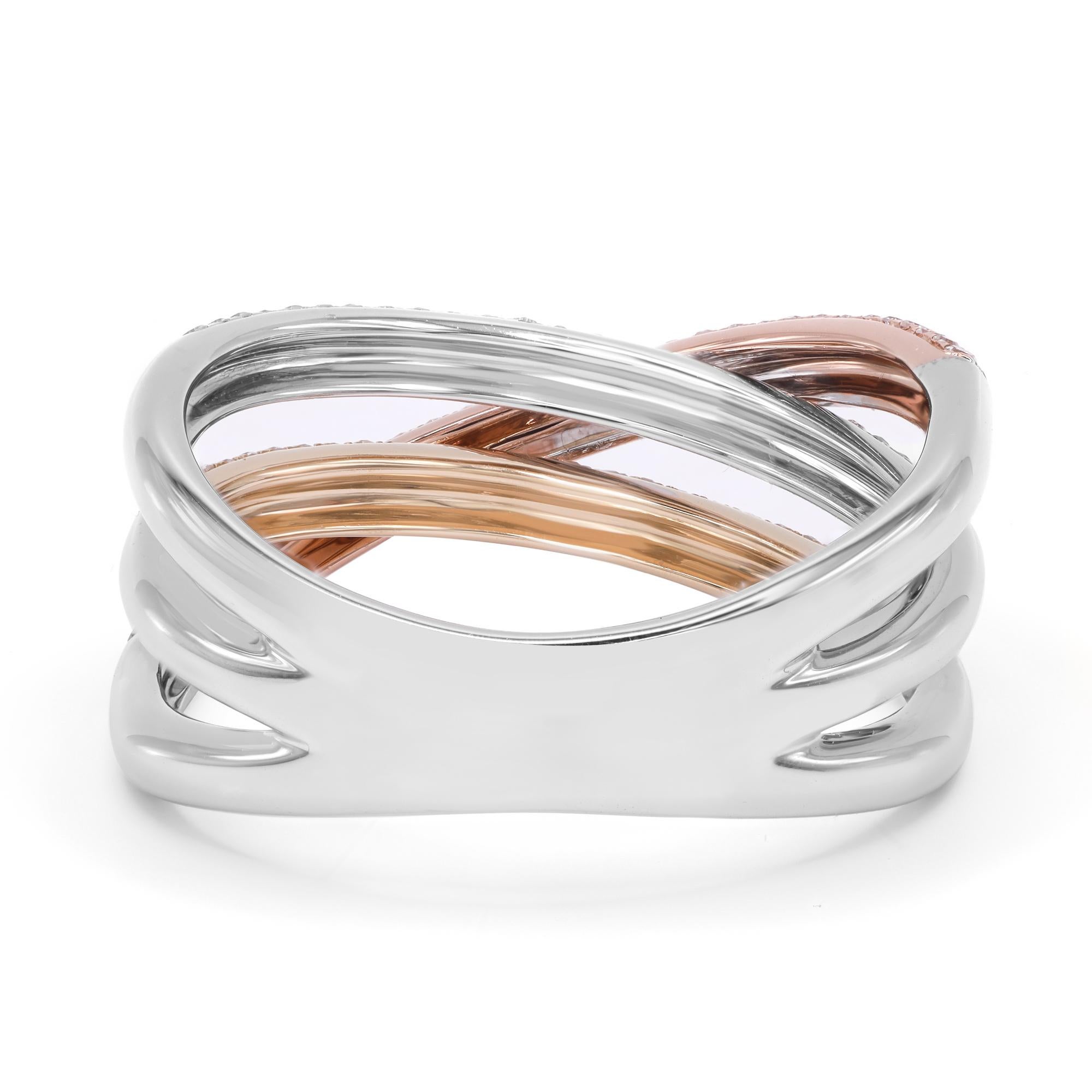 Modern Rachel Koen Three Tone Diamond Crisscross Ring 14K Gold 0.50Cttw For Sale