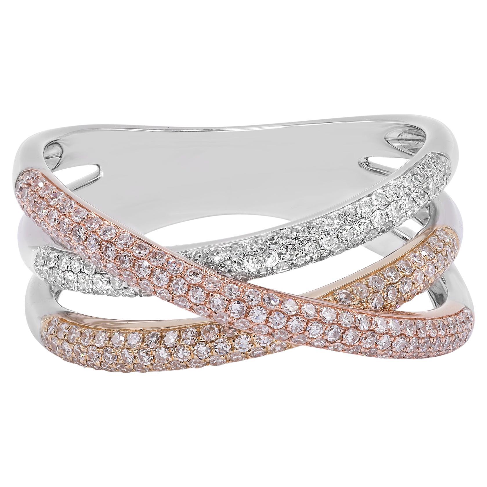 Rachel Koen Three Tone Diamond Crisscross Ring 14K Gold 0.50Cttw For Sale