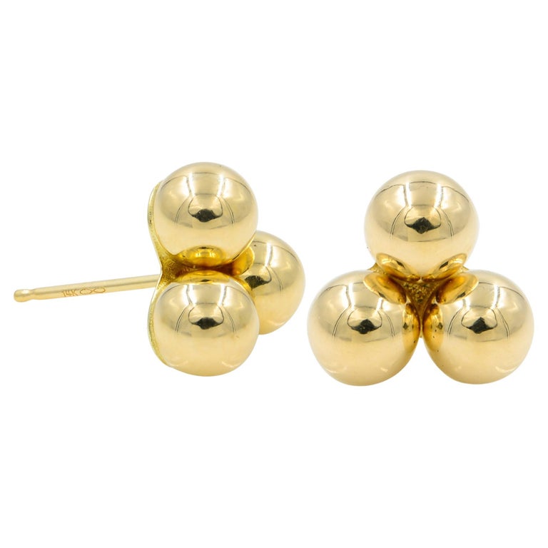 Rachel Koen Triple Ball Gold Small Stud Earrings 14K Yellow Gold For Sale  at 1stDibs