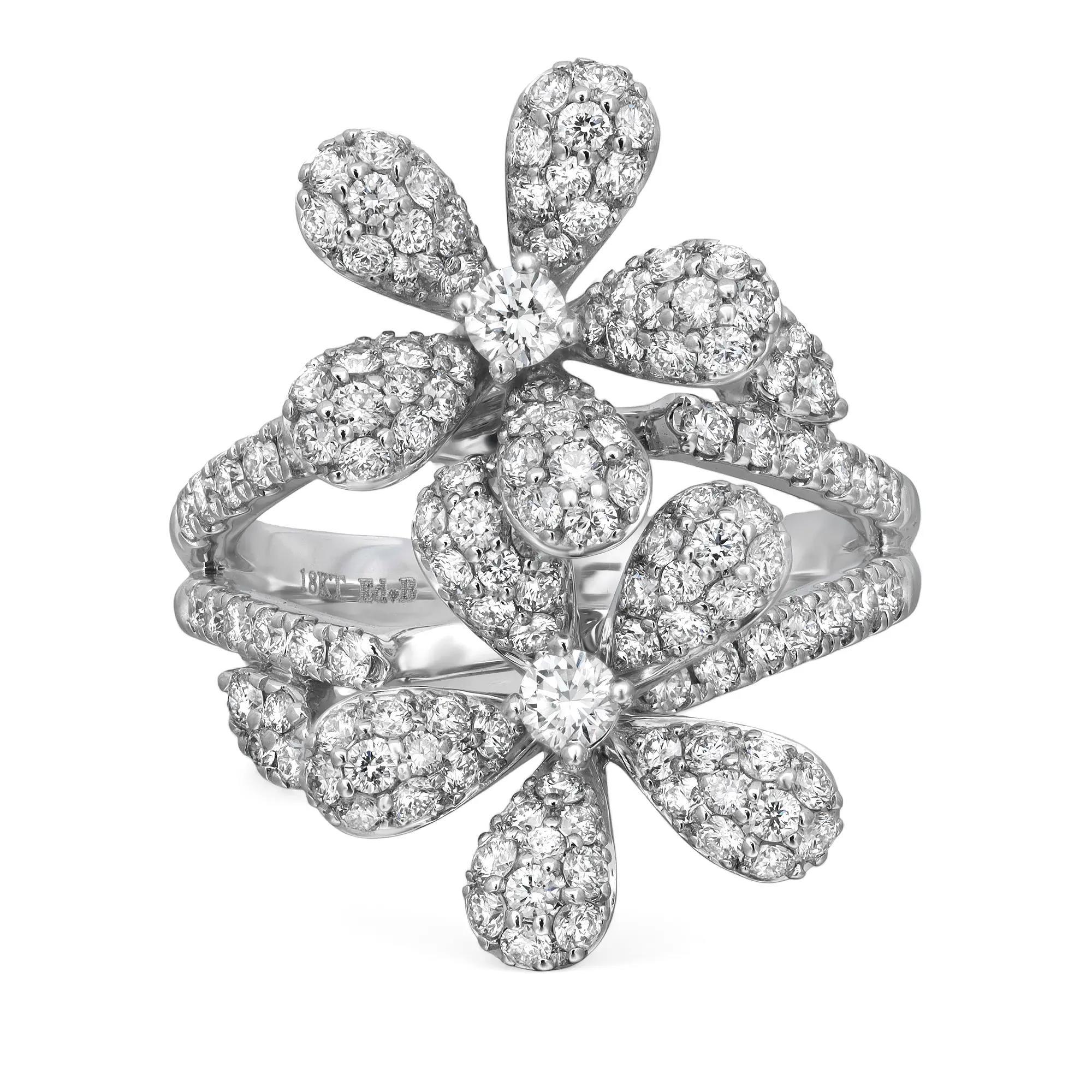 Rachel Koen Anillo de Cóctel de Diamantes Dos Flores Oro Blanco 18K 1.60Cttw Talla 6