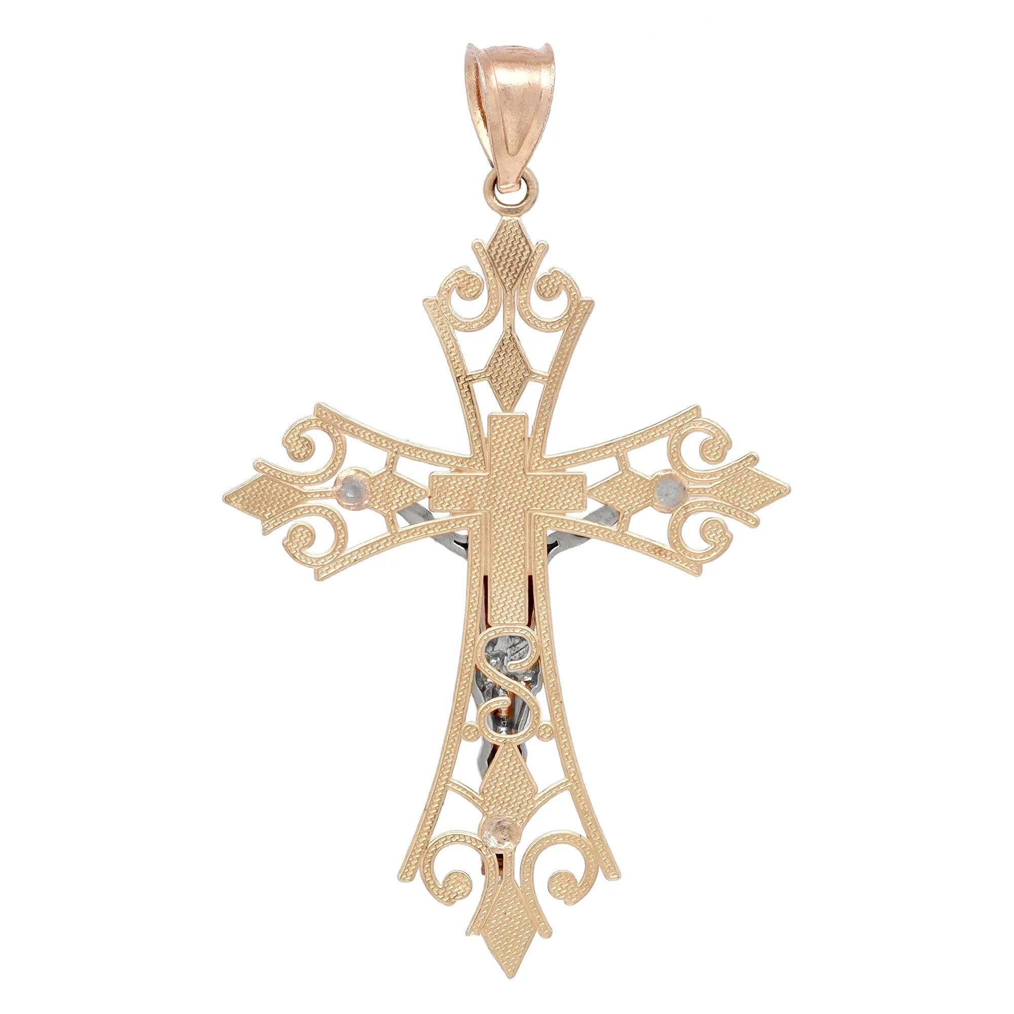 Moderne Rachel Koen Pendentif croix crucifix en filigrane bicolore en or jaune et blanc 14 carats en vente