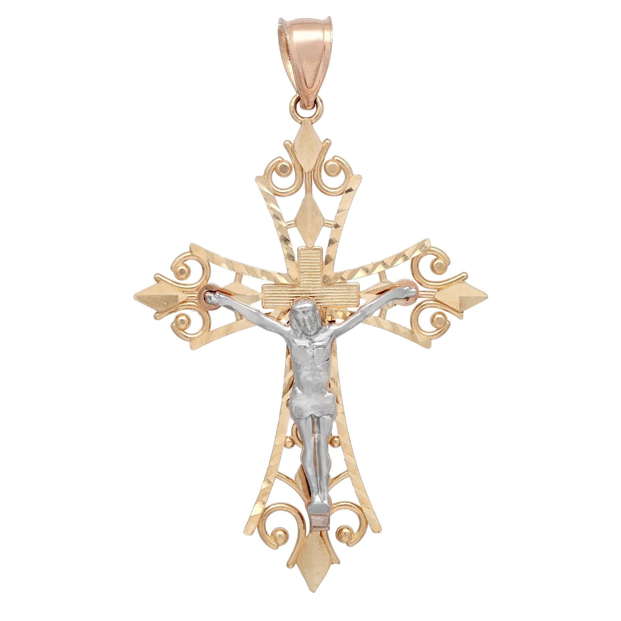 Modern Rachel Koen Two Tone Crucifix Filigree Cross Pendant 14k Yellow and White Gold For Sale