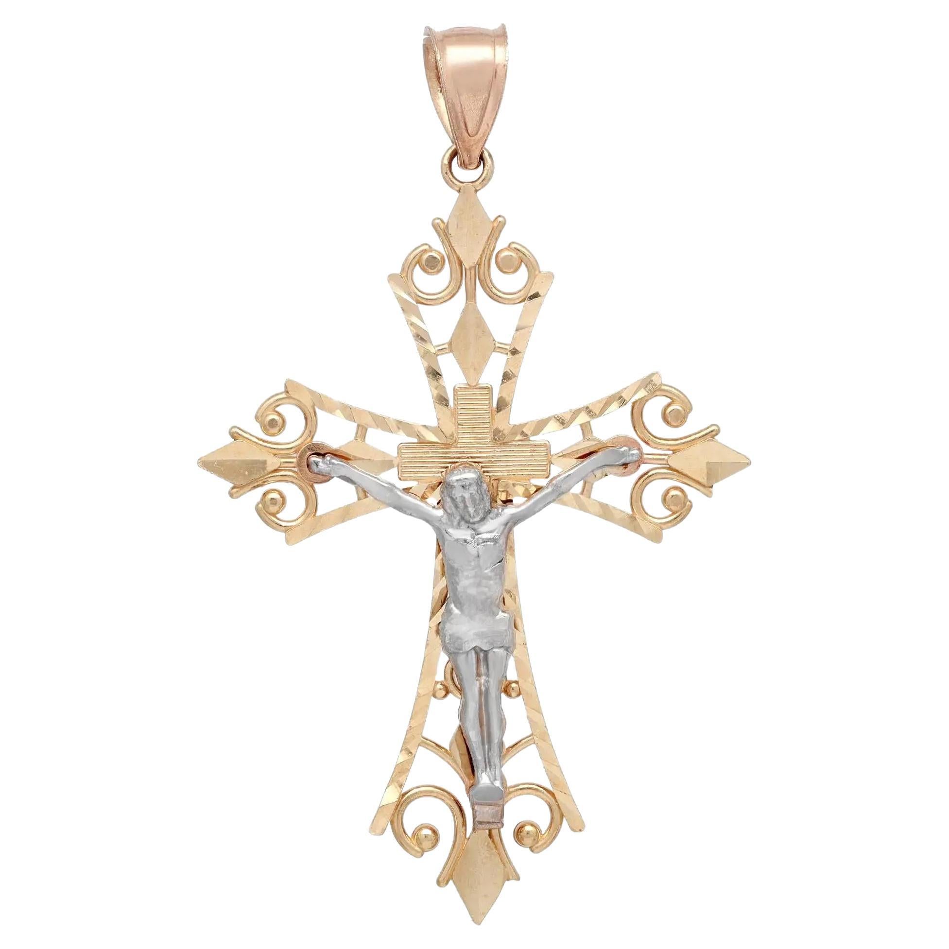 Rachel Koen Two Tone Crucifix Filigree Cross Pendant 14k Yellow and White Gold For Sale