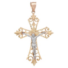 Rachel Koen Two Tone Crucifix Filigree Cross Pendant 14k Yellow and White Gold